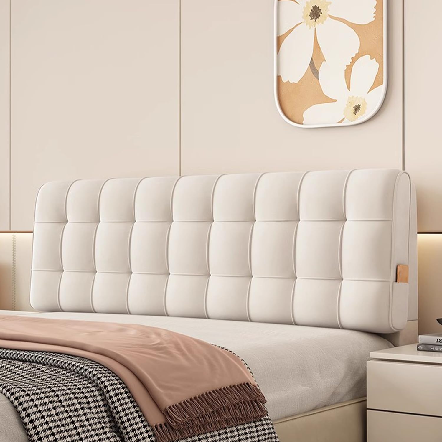LZTET Bed Reading Cushion,Dutch Velvet Fabric,Thicken Anti-Scratch Anti-Dust Double Bed Headboard Cover,Washable Protector Slipcover For Bedroom Decoration(200 * 60 * 6cm(Straps),Off-white)