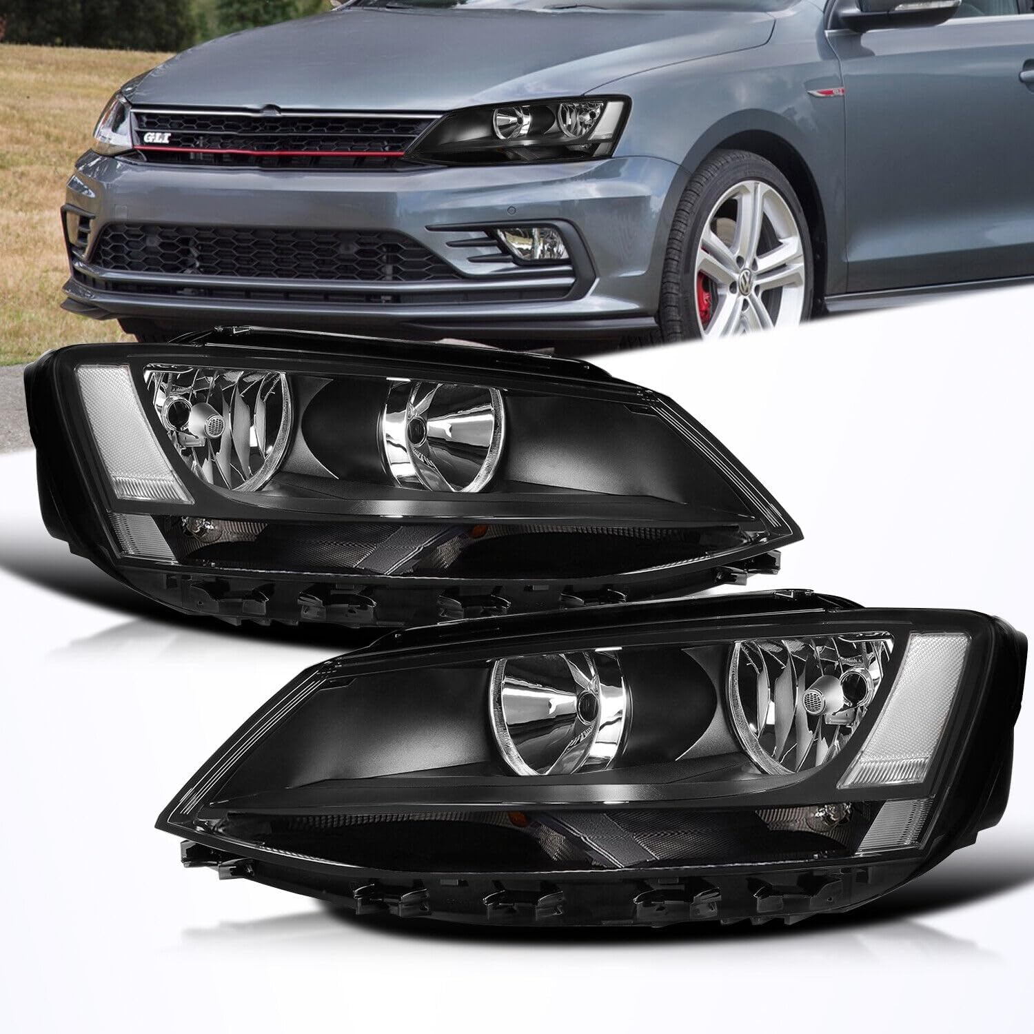 Headlights Assembly compatibe with 2011-2018 VW Jetta MK6 without DRL Headlamp Head lights Driver & Passenger Side, Black Housing Clear Side