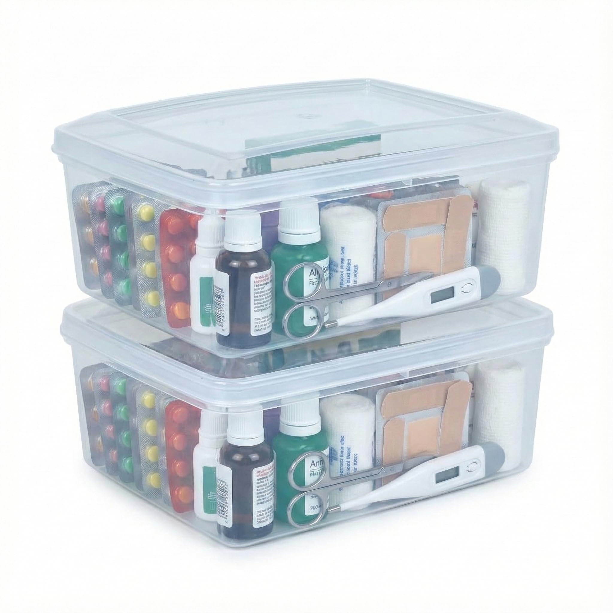 Meepo Home 2300 ML Plastic First Aid & Multi-Utility Storage Box - Snap-Lock Organizer for Medicines, Sewing Kits & Jewellery - Transparent & Stackable - Clear (Pack of 2)-image-24