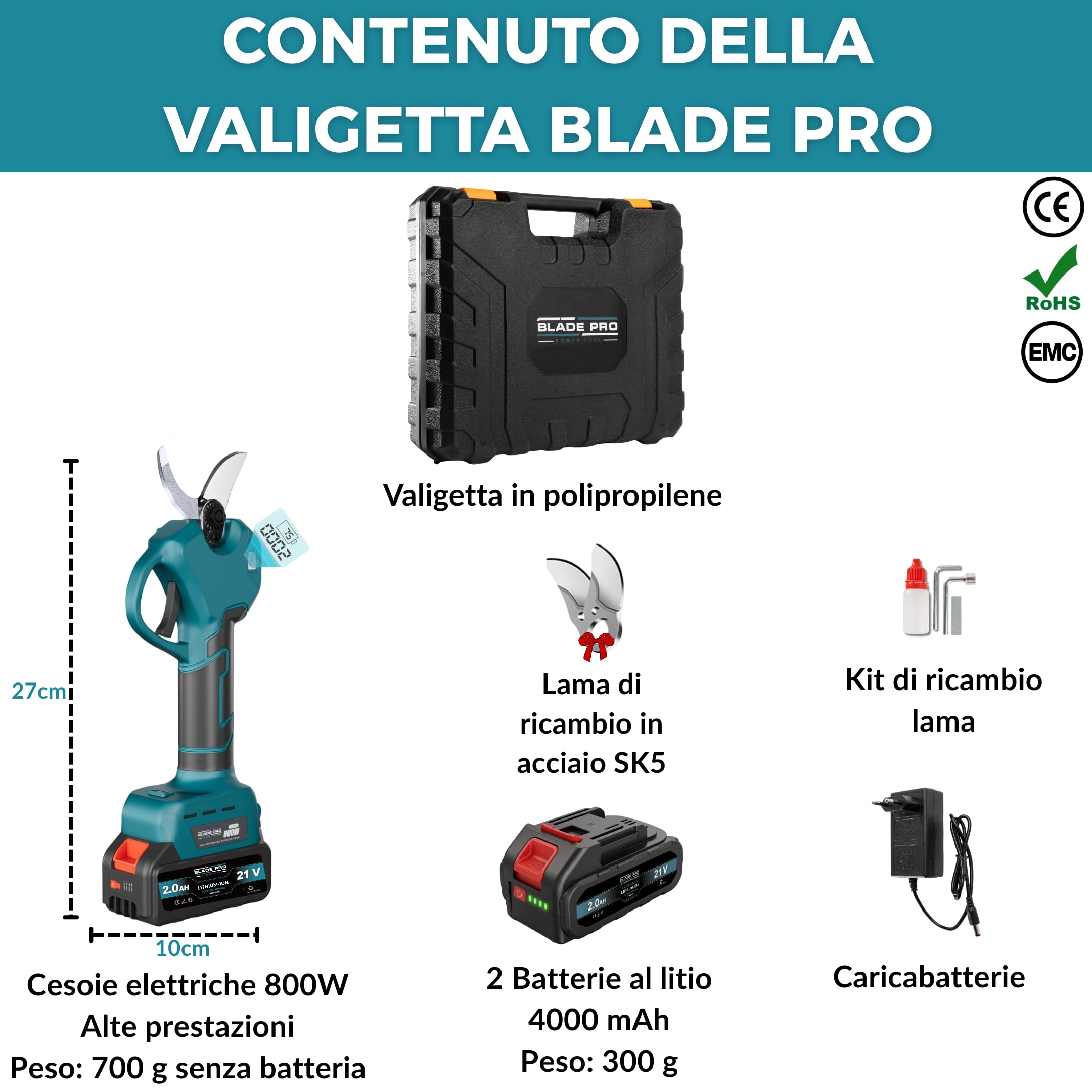 Forbici da Potatura a Batteria 21V, Motore Brushless 800W, Taglio 40mm - Lama SK5, 2 Batterie 2.0Ah Incluse, Display LCD - per Ulivo, Vite e Frutteto - BLADE PRO
