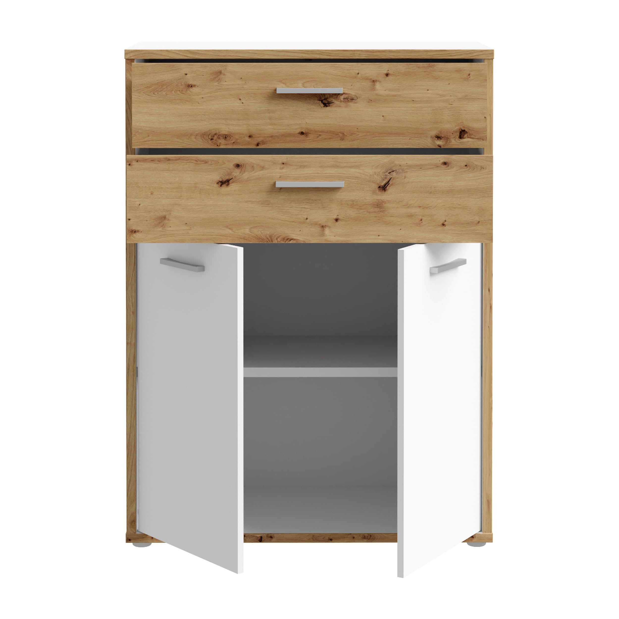 Forte KEFLAVIK Schrank 80 90, moderner Büroschrank mit 2 Türen und Schublade, Holzwerkstoff, Artisan Eiche Holzdekor | Weiß, 84,5 cm breit x 115,1 cm hoch x 41,5 cm tief
