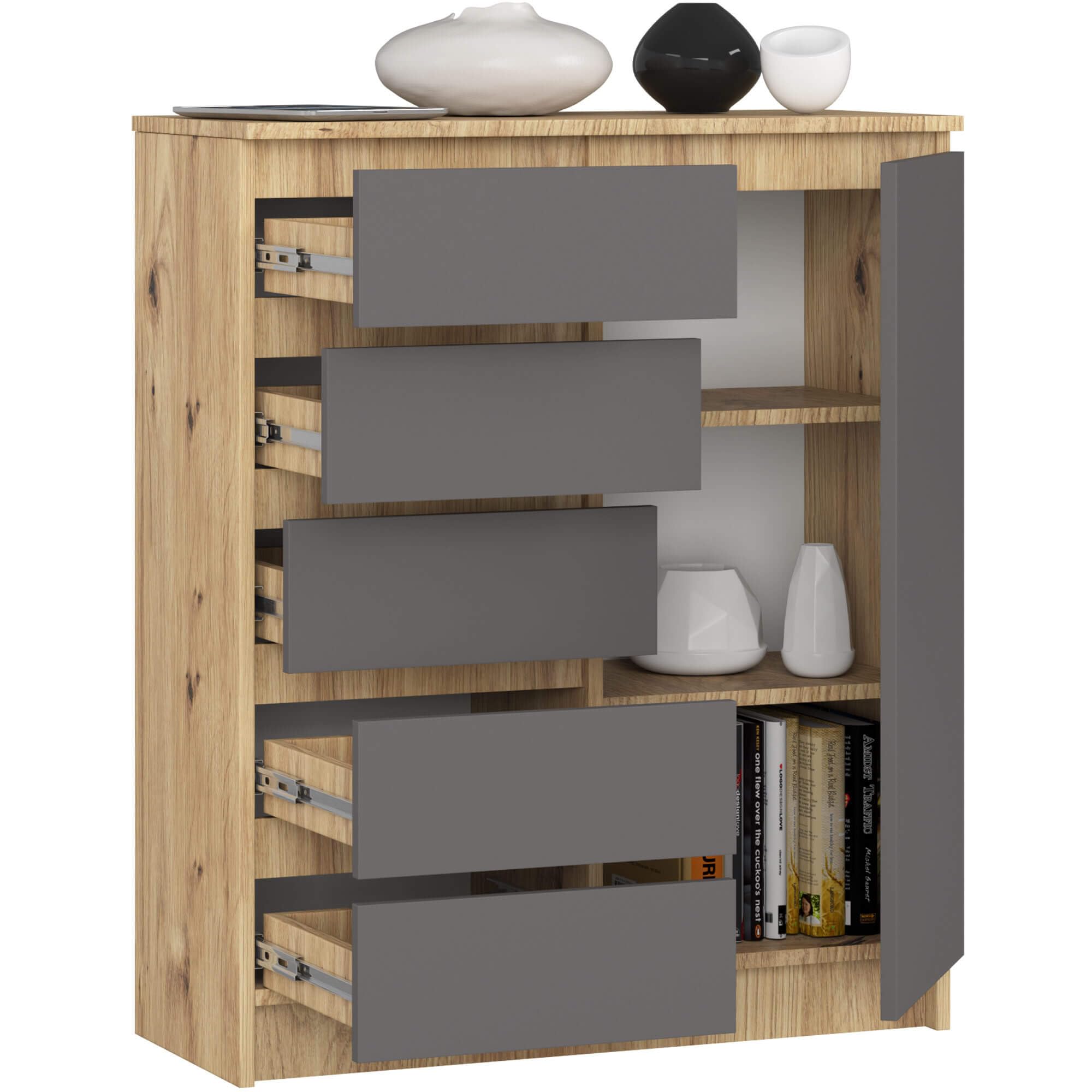 AKORD Kommode K80 mit 5 Schubladen, Schrank mit 1 Tür 3 Regalböden, Für das Wohnzimmer Schlafzimmer, Moderne, 16mm Laminierte Platte, B80xH97xT35 cm, Farbe Artisan-Eiche & Graphitgrau