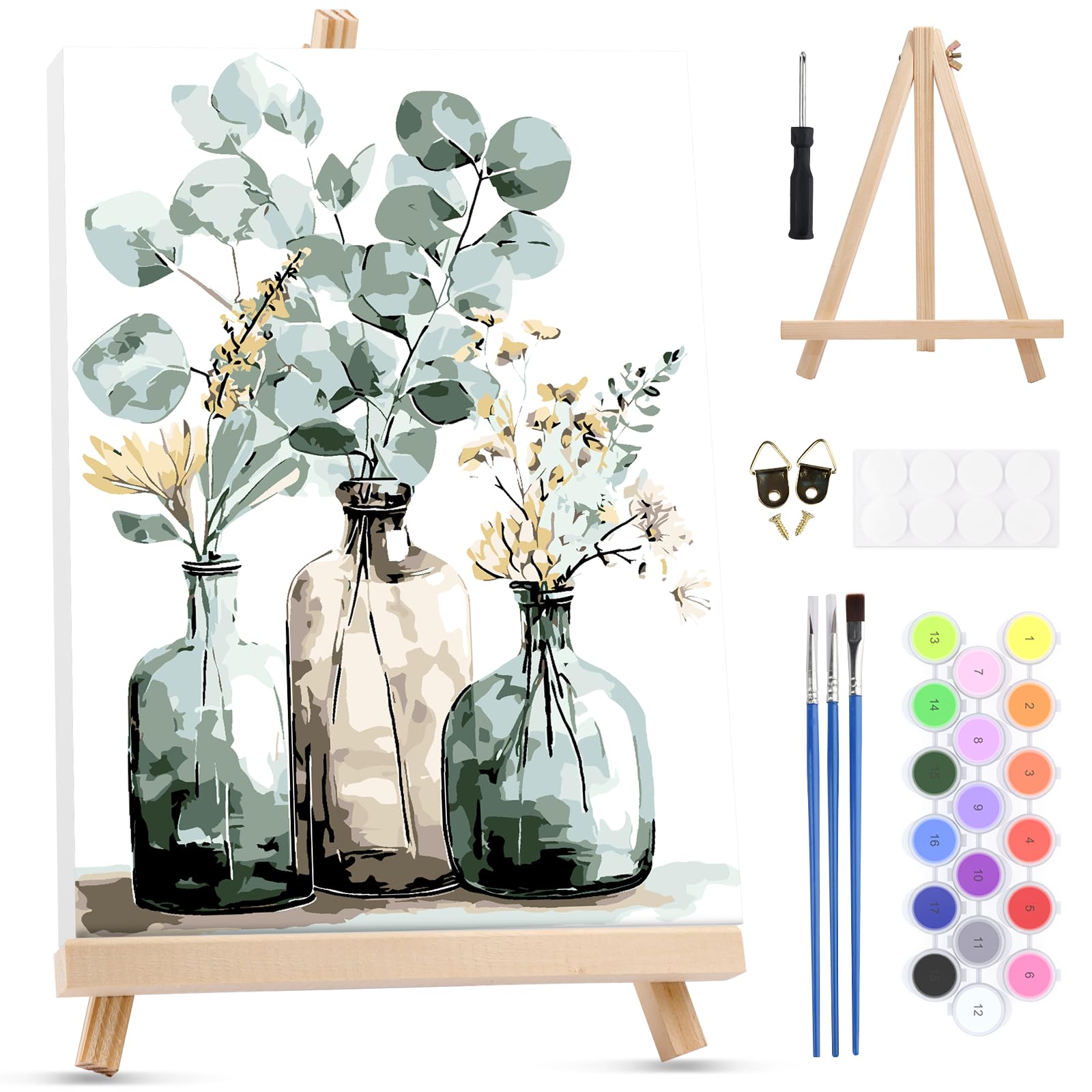 MXJSUA Eucalyptus and Wildflowers Paint by Numbers Kit with Frame for Adult Beginner, Paint by Number Kits on Canvas with Easel, Acrylic Oil Painting Art Craft Kits, 20x30cm/8x12inch