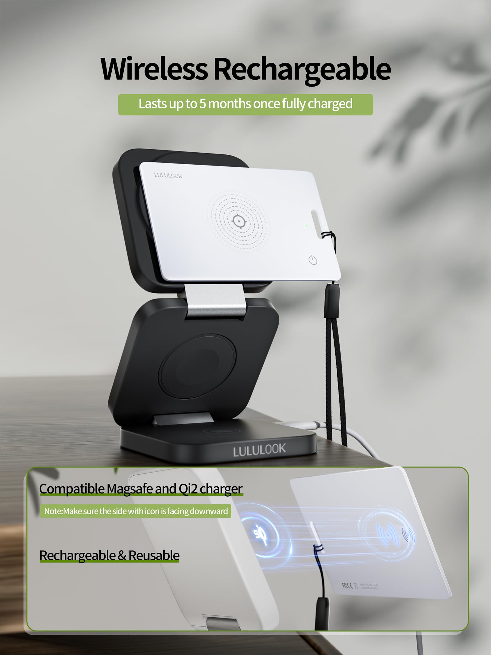 LULULOOK Karta AirTag z możliwością ponownego ładowania, 3 sztuki, cienkie portfele, tracker Smartcard Tracker kompatybilny z Apple Find My (tylko z systemem iOS) karta Bluetooth do portfela