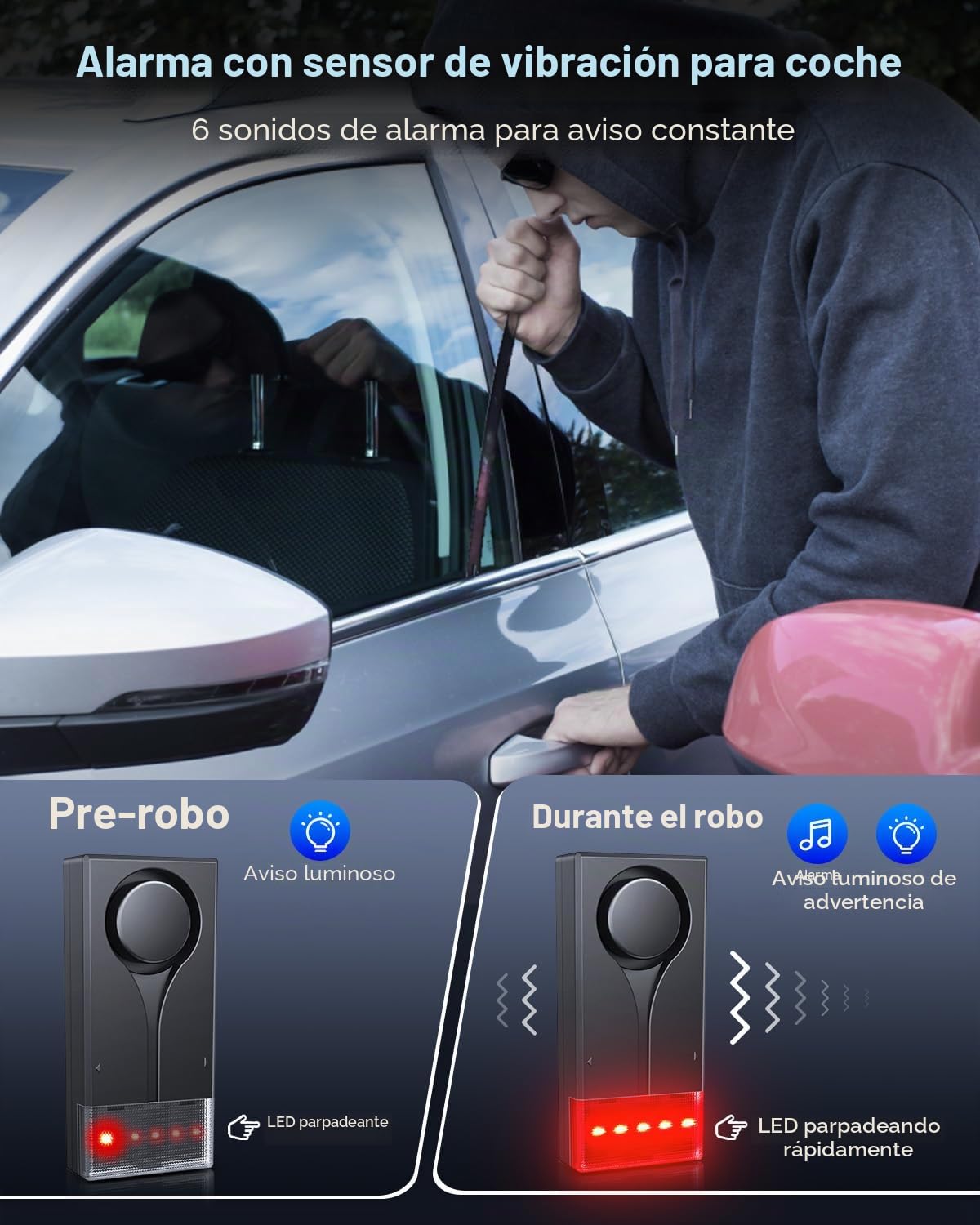 Sistema de alarma de coche de 108 dB, alarma antirrobo con sensor de vibración y alarma de luz roja, dispositivo remoto inalámbrico antirrobo con diseño de instalación magnética para coche, camión (2