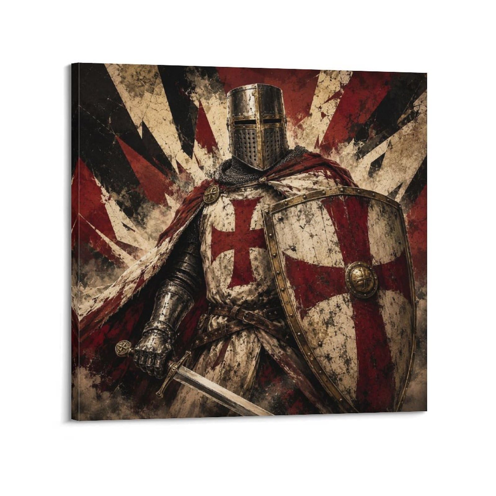 XKUGA Geometric Red Crusader Knight Poster Shield Sacred Armor Modern Decorative Canvas Prints - Ideal Wall Art for Family, Man Cave, Game Room, Boys & Girls Bedroom 12x12inch(30x30cm)