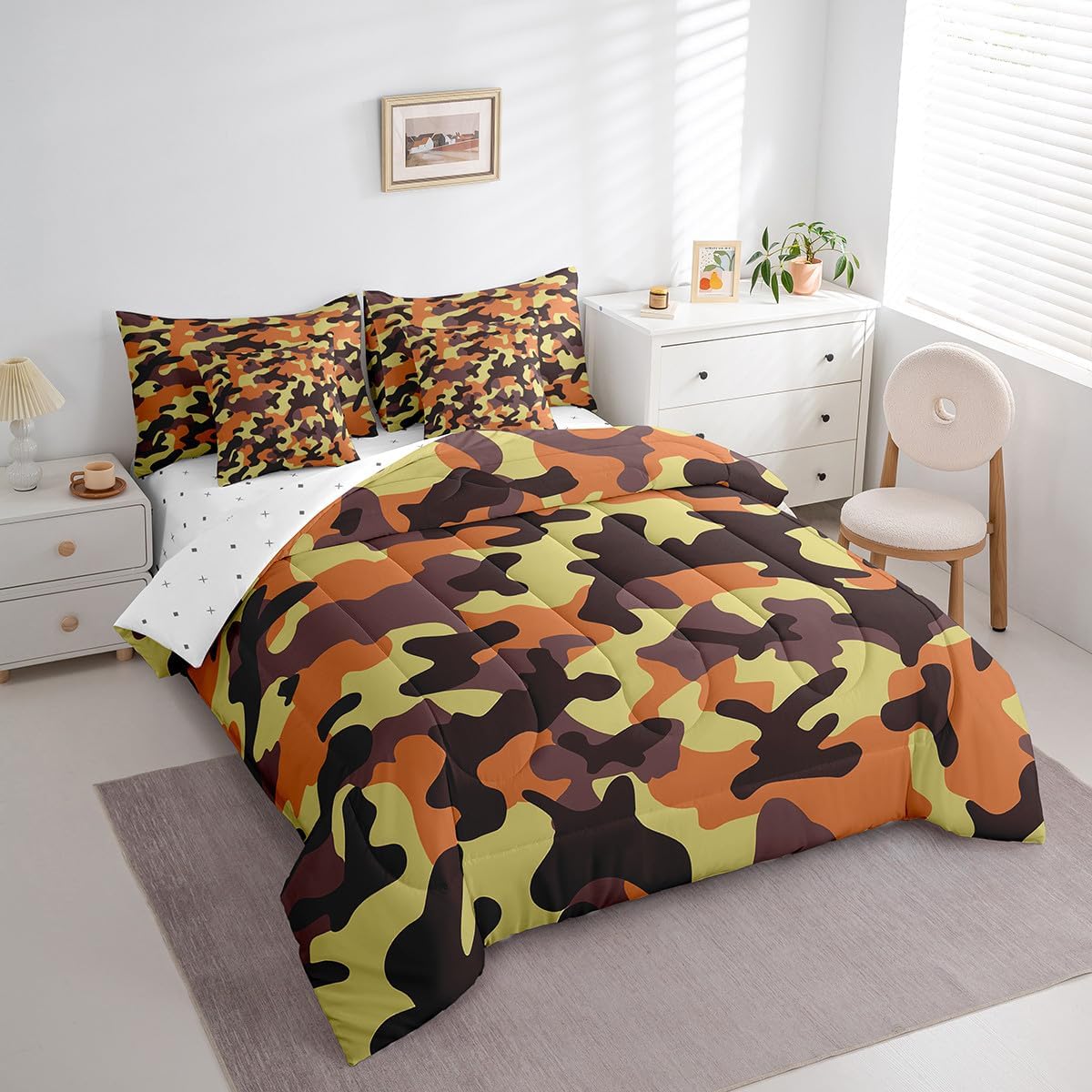 Erosebridal Camo Queen Comforter Set 7 Piece,Orange Camouflage Bed in A Bag with Sheets Military Theme Bedding Set for Kids Boys Adults Abstract Bed Set Reversible