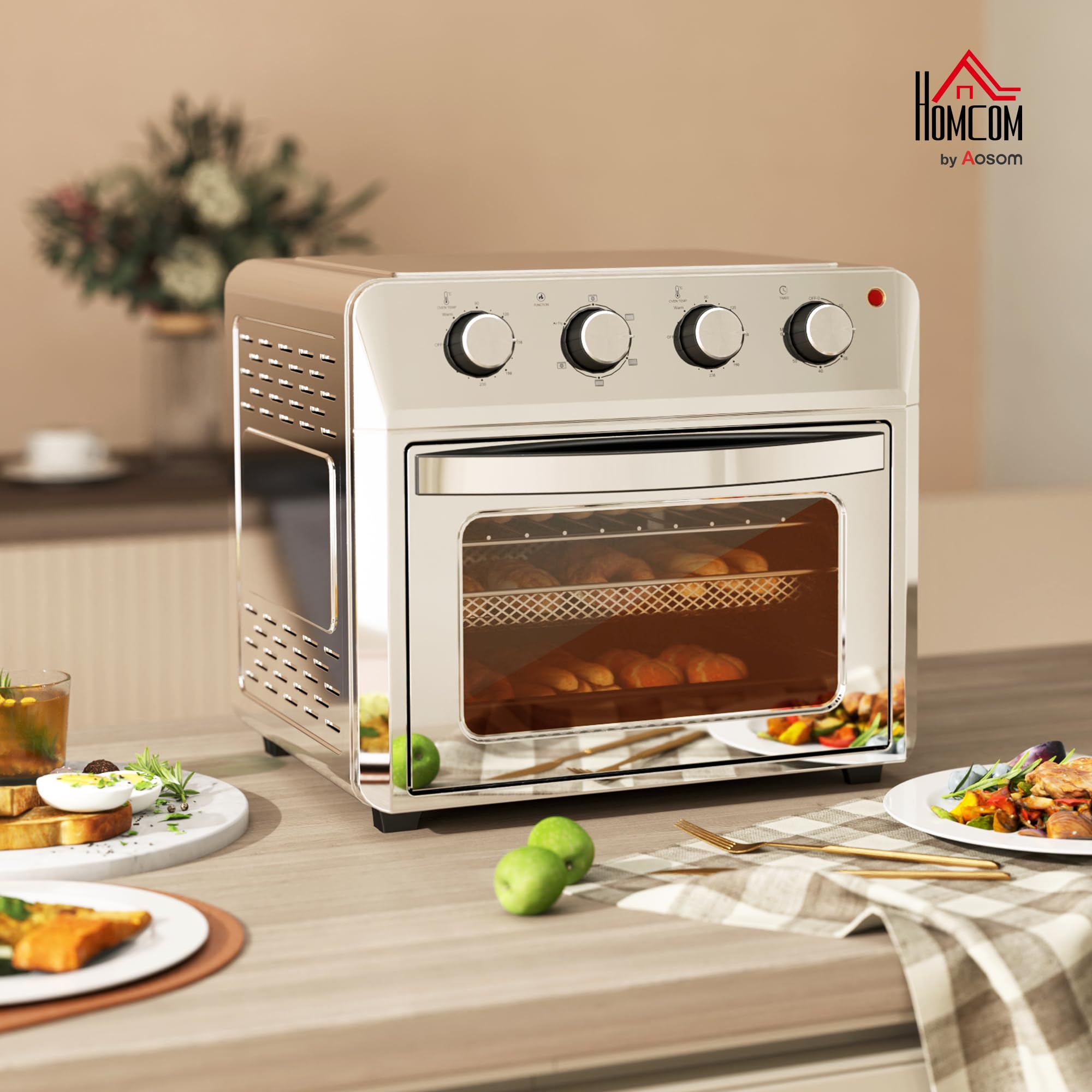 HOMCOM Mini forno a convezione 24 L 1600W 90-230℃ Forno ad aria calda con timer da 60 minuti, friggitrice ad aria calda con teglia e griglia, mini forno con illuminazione interna, argento