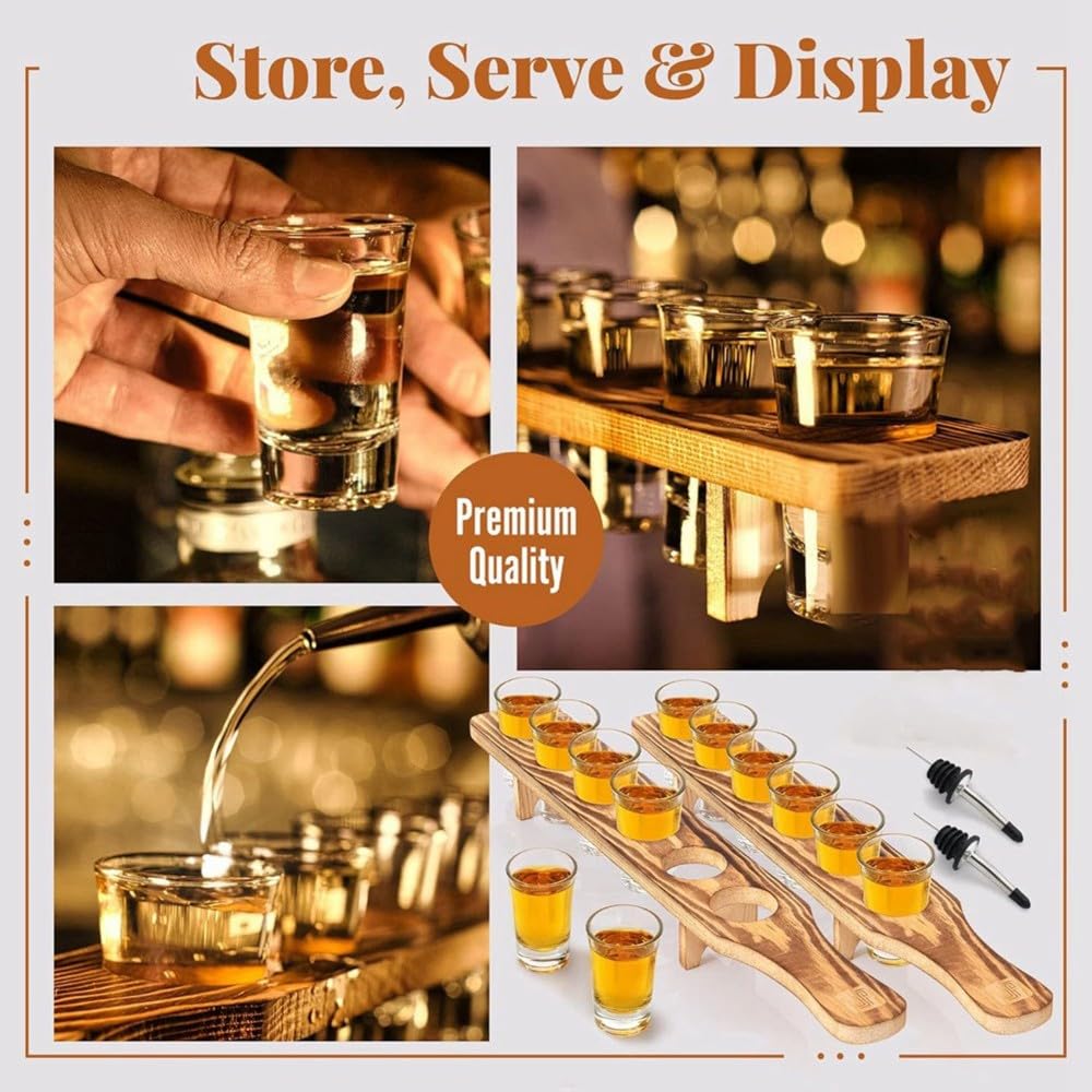 Ensemble de 12 Verres à Shot Transparents avec Plateau en Bois et Verseurs, Idéal pour la Tequila