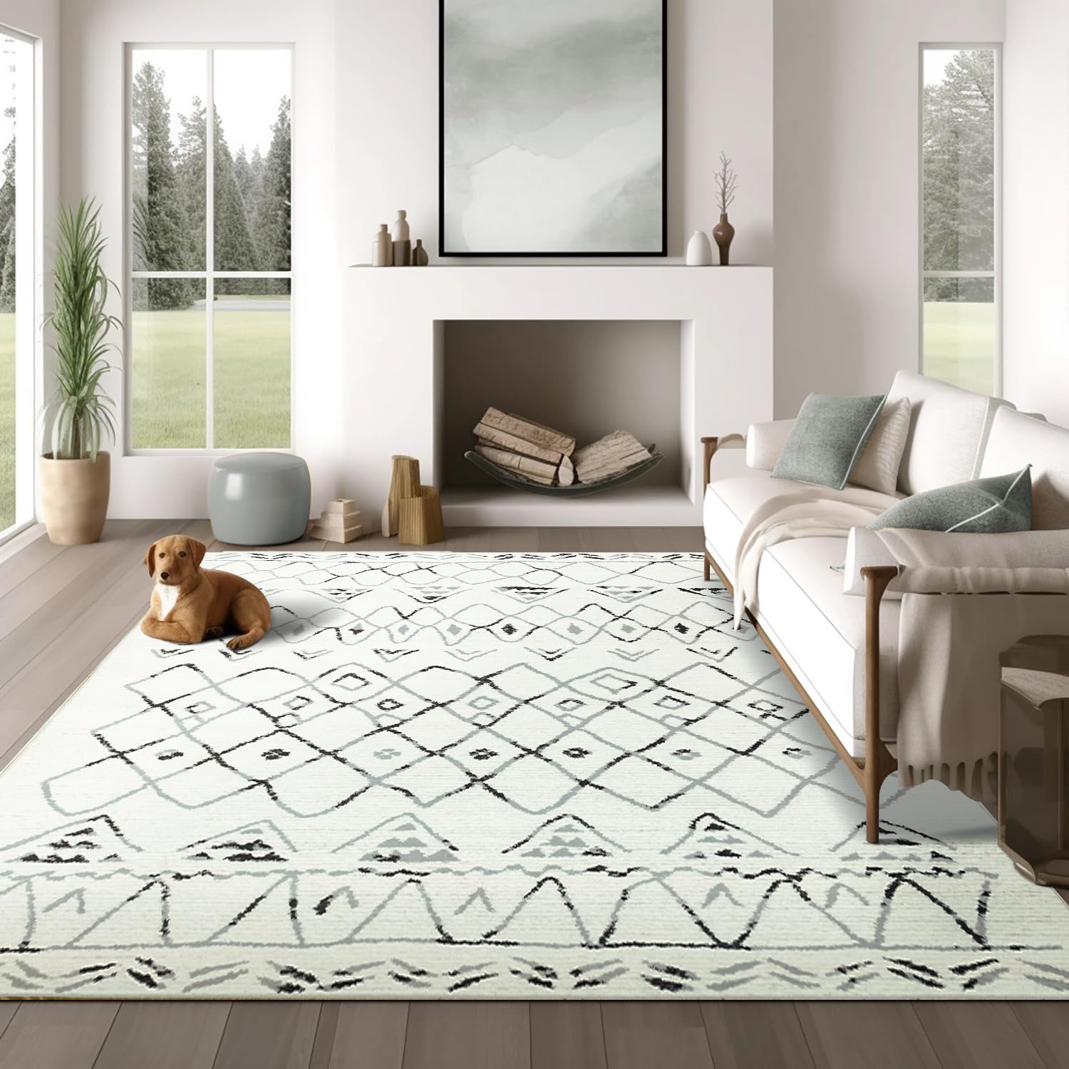 jinchan Area Rug 6x9 Moroccan Rug Washable Rug Modern Geometric Rug Non Slip Accent Thin Rug Indoor Floor Cover Soft Rug Carpet for Living Room Bedroom Dining Room Cream