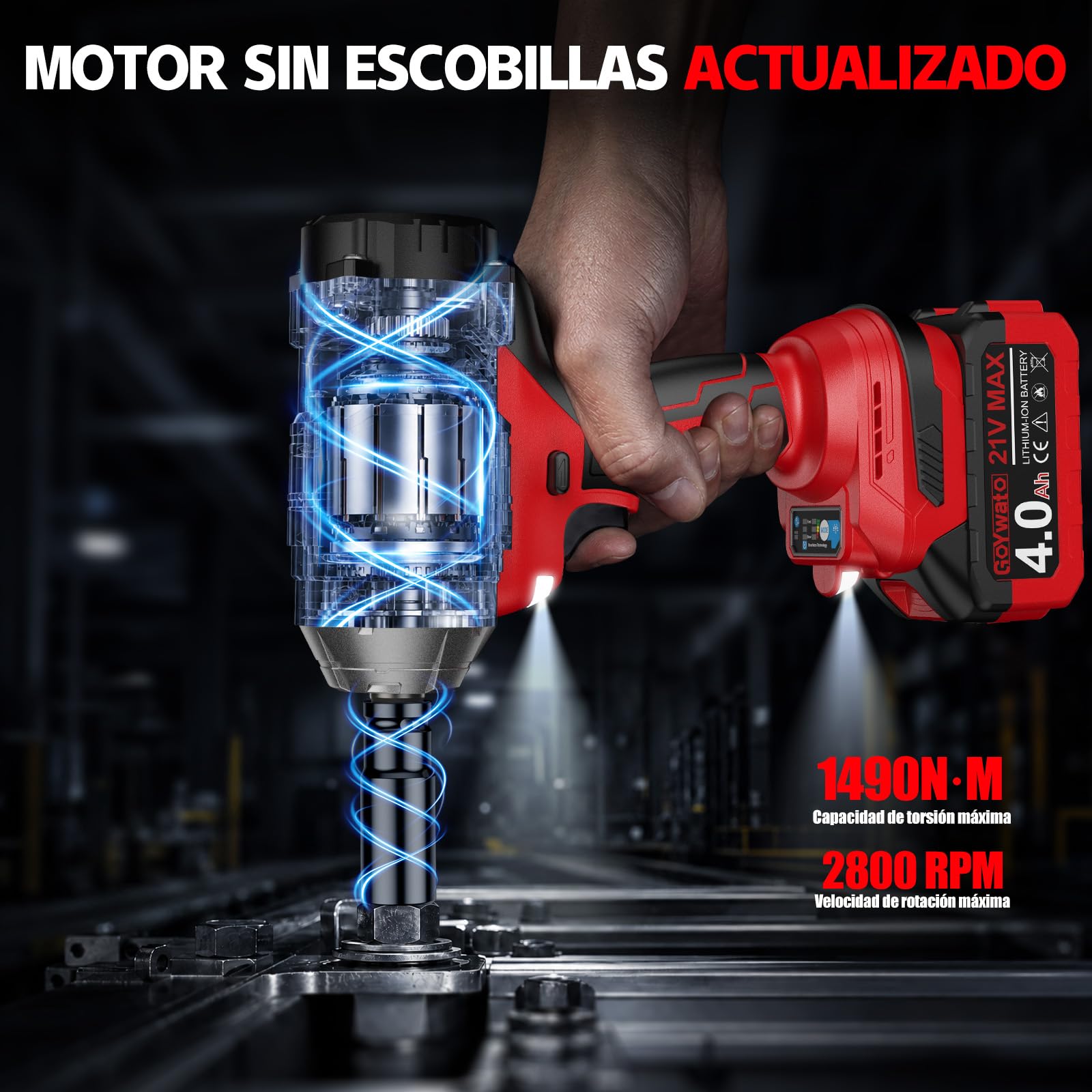 1490Nm Llave de Impacto Inalámbrica con 2 Batería 4.0Ah & 6 Enchufes, Rojo