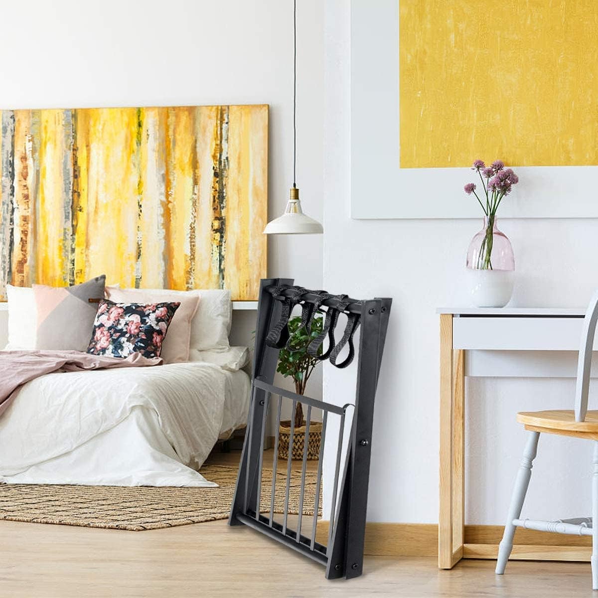 RELAX4LIFE Portaequipajes Metálicos de 2 Pisos, Estante Plegable de Equipaje para 2 Maletas, Soporte de Equipaje para Dormitorio y Hotel, Negro, 68x44x57cm (1 Paquete)