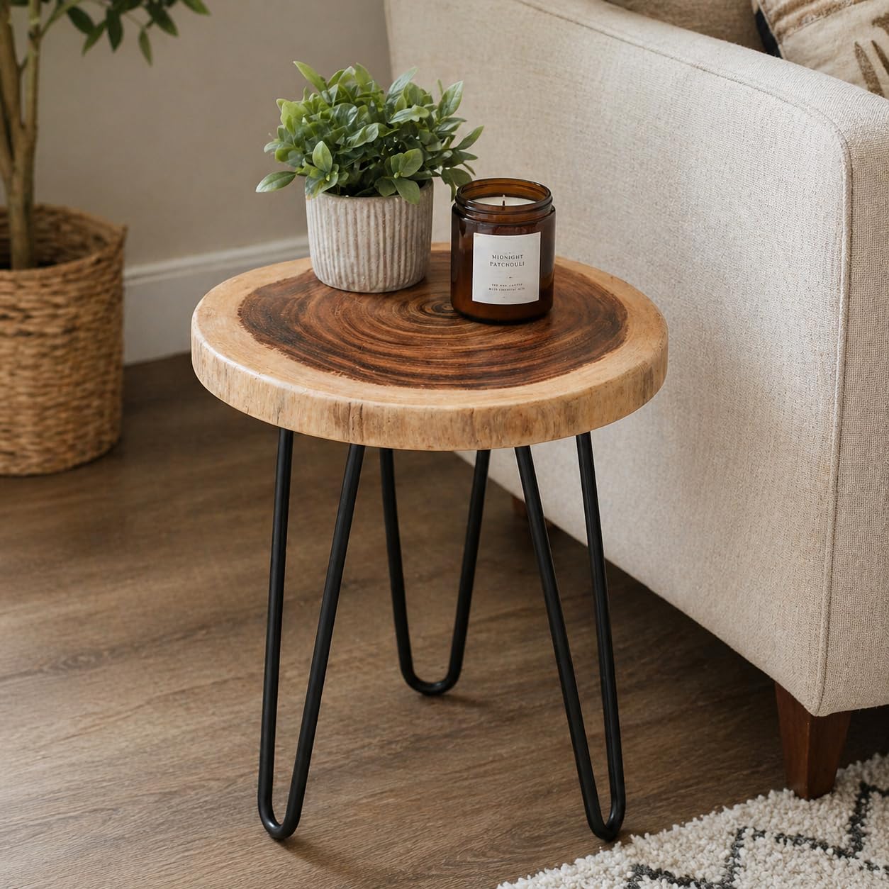 Antique Wooden End Table for Living Room | Live Edge Solid Wood Bedside Table | Foldable Night Stand for Bedroom | Rustic Coffee Table with Metal Hairpin Legs (14'' Top x 18'' Height)-image-46