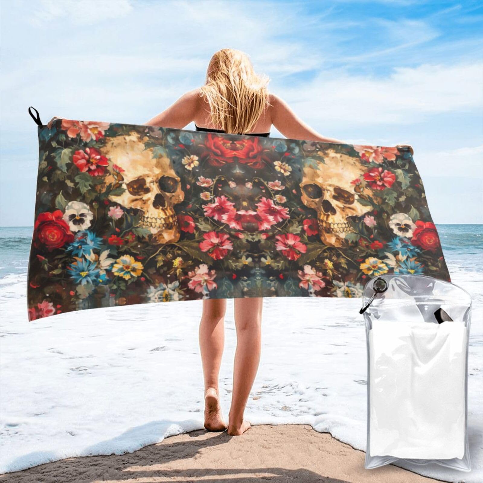 DIEzig Floral Skull Print Beach Towel Fast Dry Thin For Holiday Vacation Cruise Gym Swimmers