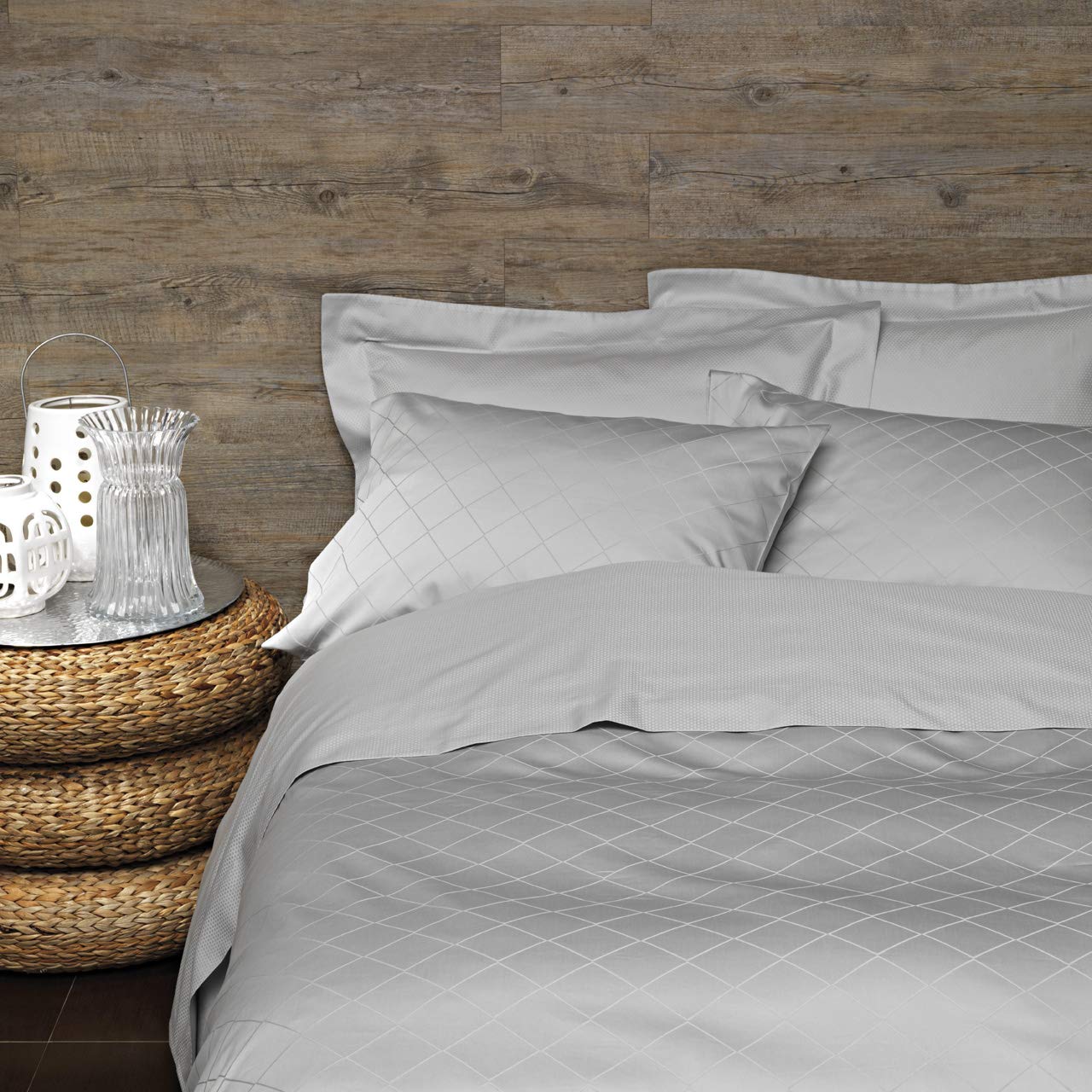 SAMPEDRO Juego de Sábanas 4 Piezas, 240x290cm Gris | 2 Sábana y 2 Fundas de Almohada | 100% Algodón | Saten | 300 Hilos | Hecho en Portugal