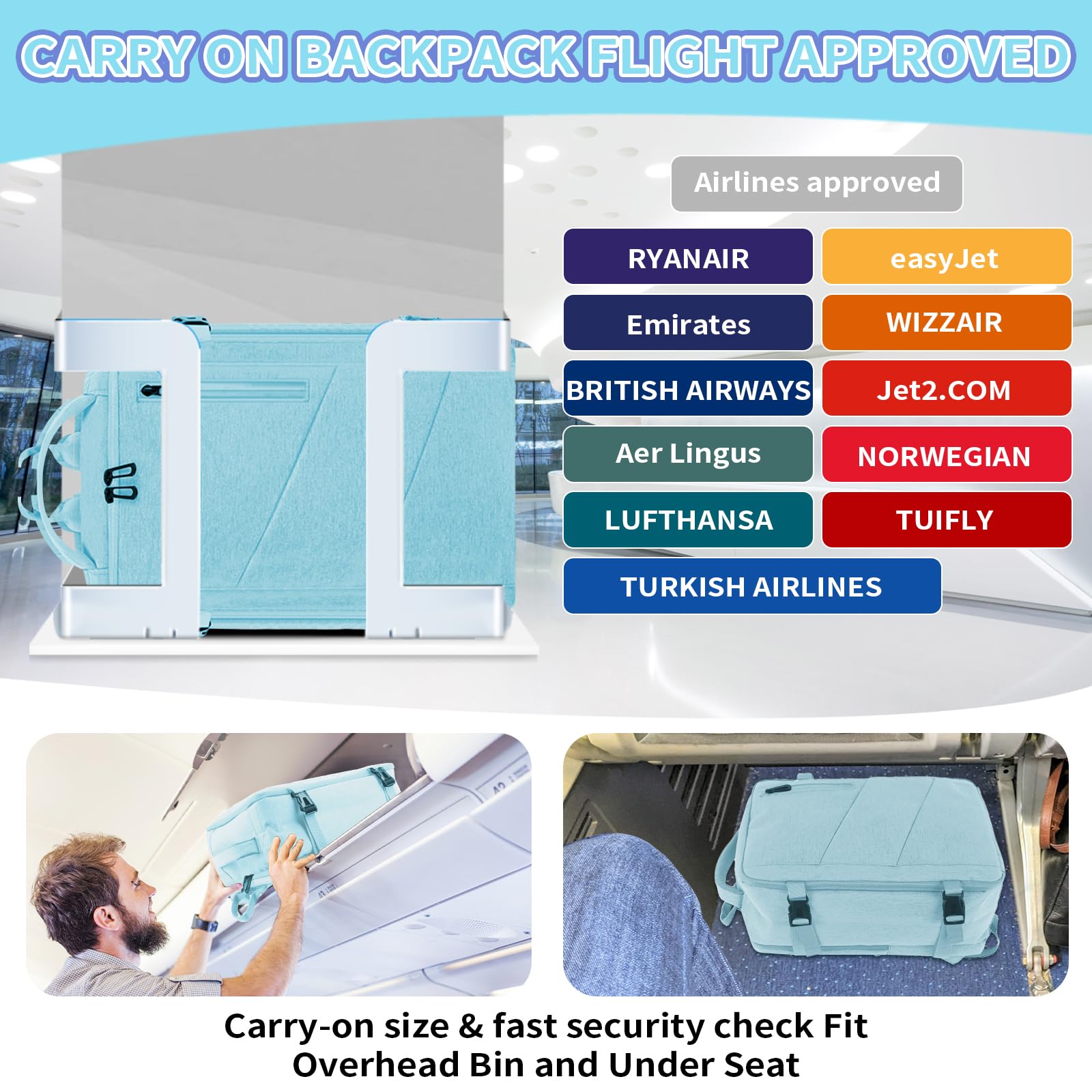 VOESLD Zaino 45x36x20 per Easyjet, Zaino da Viaggio Aereo Bagaglio a Mano Azzurro Zaino Porta PC Donna Uomo Impermeabile Zaino Bagaglio a Mano per Tutte le Principali Compagnie Aeree, con Porta USB 32