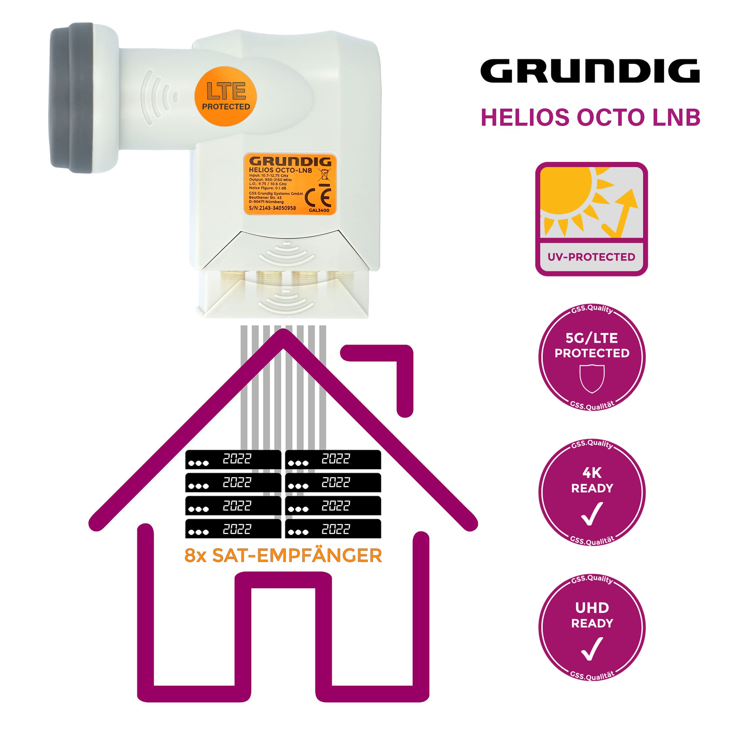 [ Test bardzo dobry, ocena 1.2 *] GSS Helios Octo LNB z ekranowaniem LTE i Sun Protect ochrona UV, cyfrowy 8-krotny 4K LMB dla 8 uczestników, do telewizorów odbiorników satelitarnych, HD 8-krotny LNC