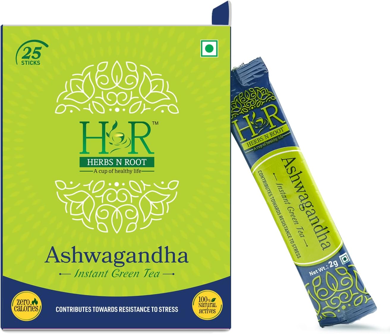 Herbs N Root Instant Herbal Tea| Green Tea| Ashwagandha Instant Tea| Control Anxiety & Stree Tea| Ashwagandha Chai | Natural Ingredient Tea- 25 Stick (2gm Each)