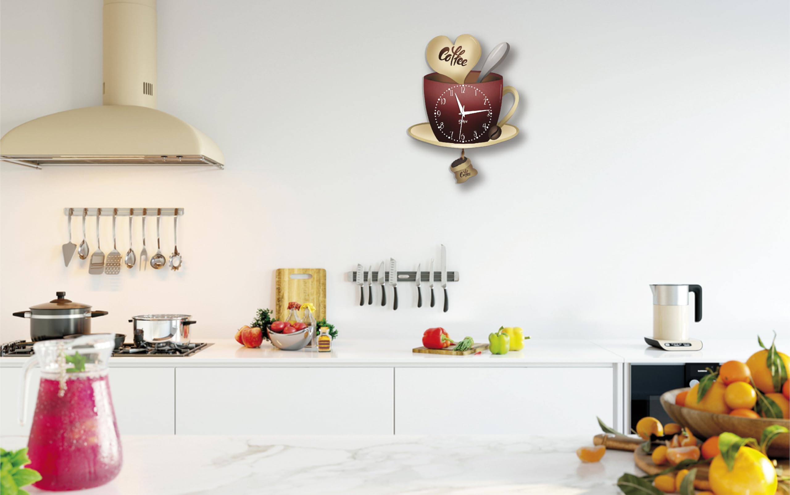 DEKORI Horloge Cuisine Tasse à Café avec Pendule – Horloge Murale Silencieuse Design Italien en Bois – Décoration Cuisine Moderne