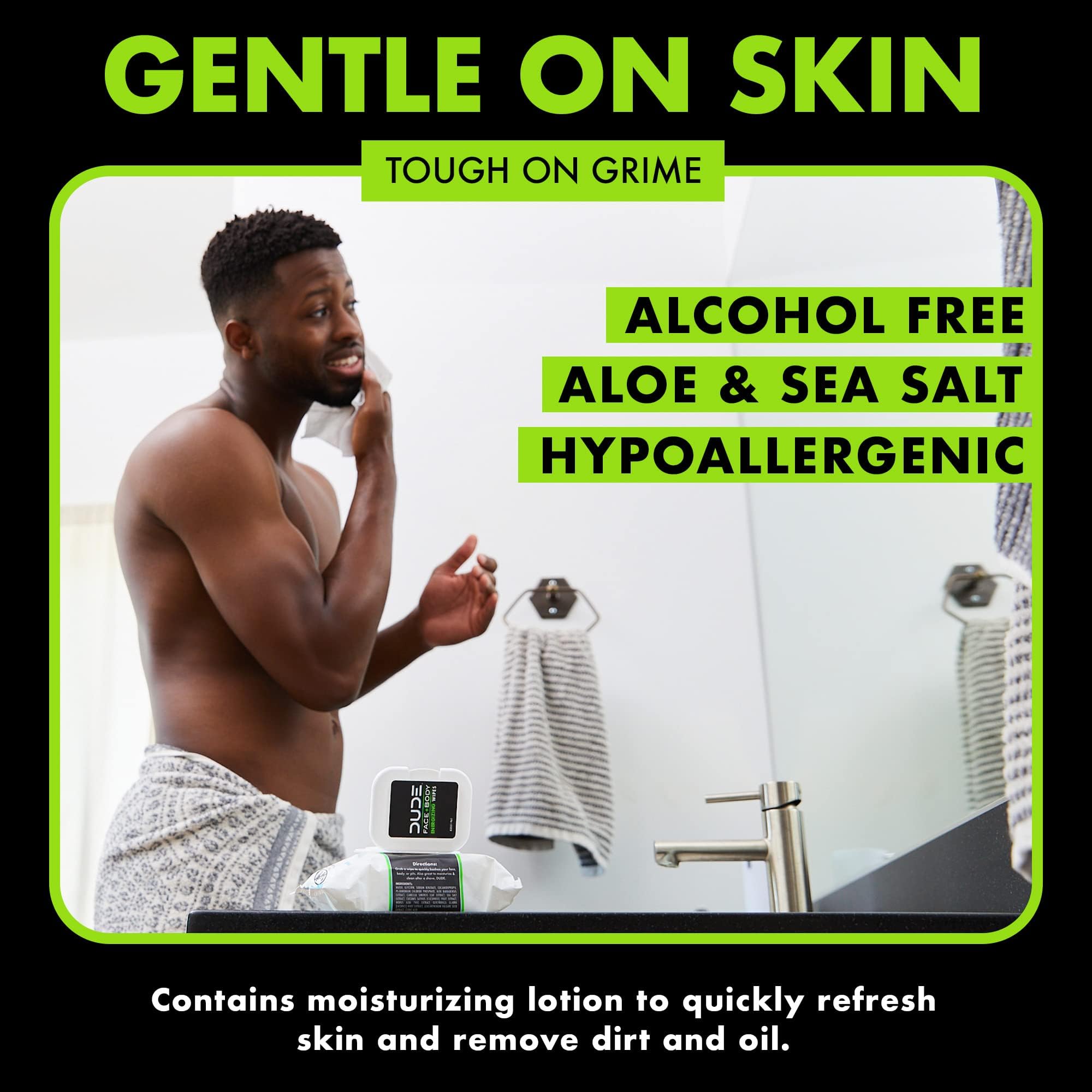 DUDE Face Wipes 30 Count Energizing & Refreshing Scent Infused with Pro Vitamin B-5, Face Cleansing Cloths for Men, Lightly Scented for Mid-Day Refreshment, Hypoallergenic, Alcohol Free