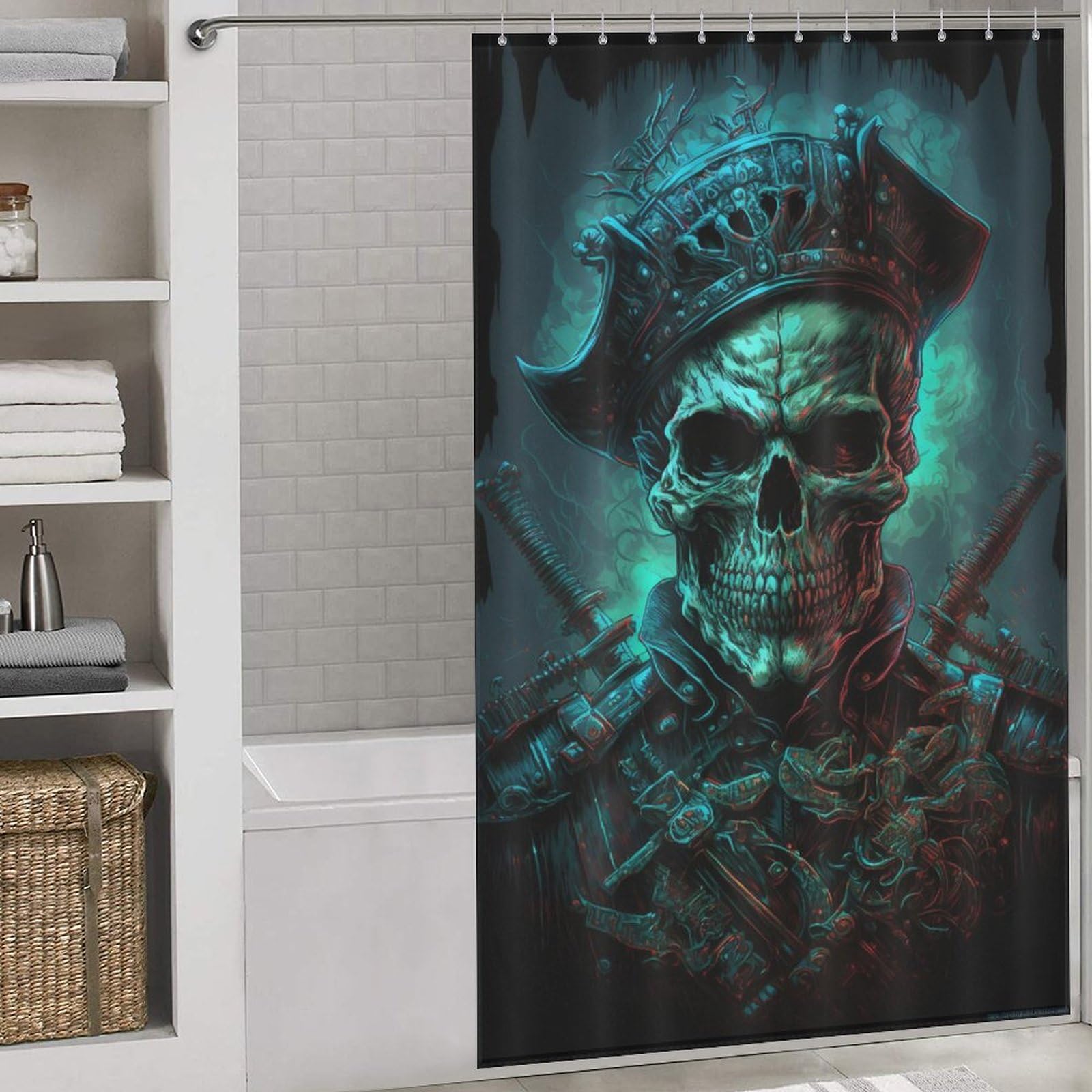 Rideau de douche avec crochets motif crâne pirate imperméable 140x183 cm