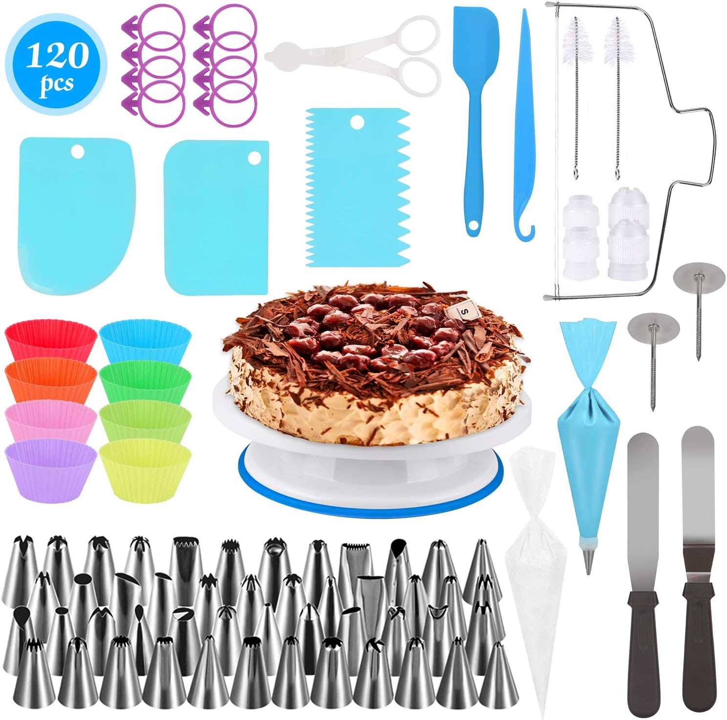 Cake Turntable Cake Decorating Kit 120Pcs, Cake Decorating Tools Set with Rotating Cake Stand Piping Bags and Nozzles Cake Scraper Leveller, DIY Baking Equipment Decorating Supplies for Beginners