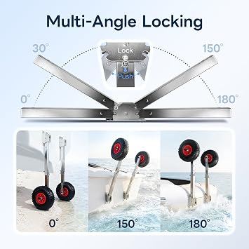 Boat Launching Wheels,Stainless Steel Adjustable Leg Length & Angle Transom Launching Wheels with Pneumatic Tire for Inflatable Boat, Aluminum Boat