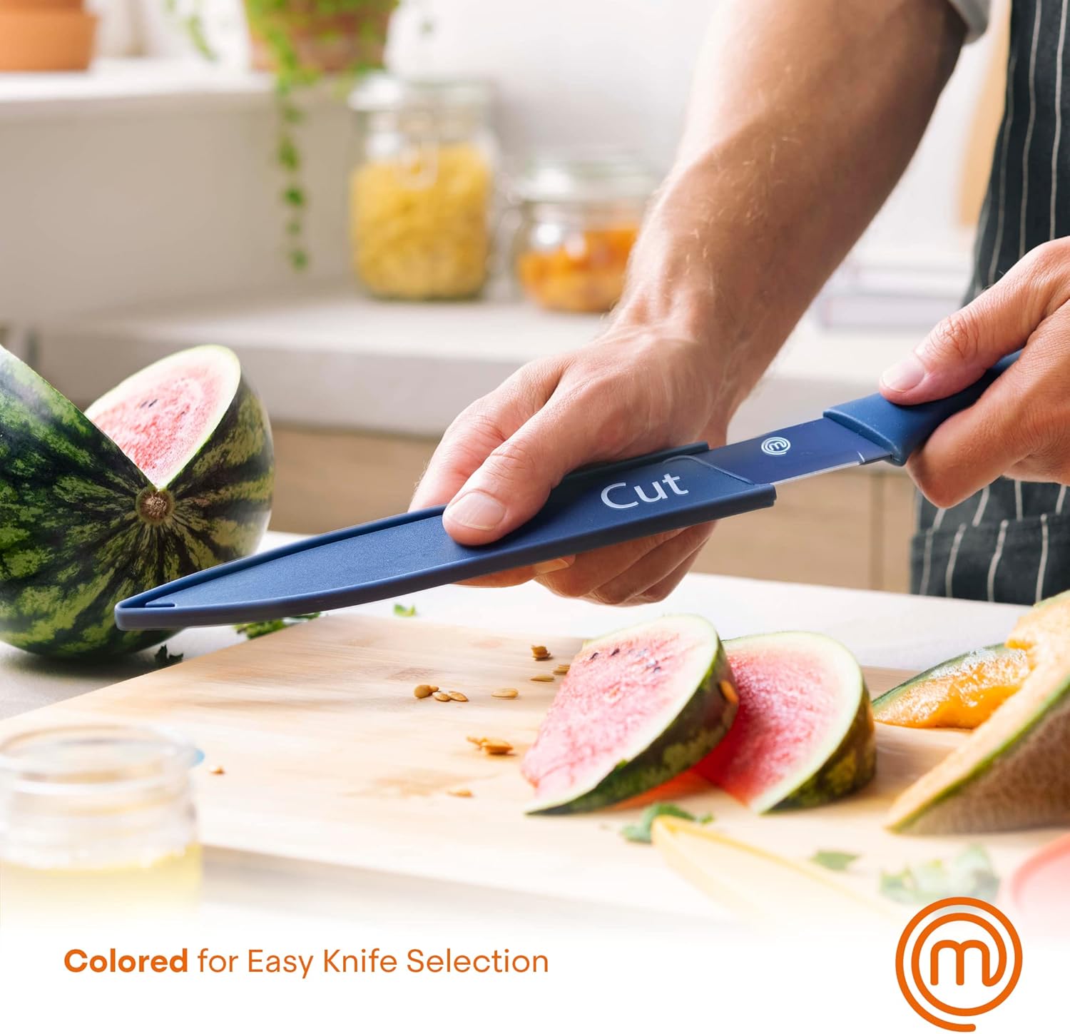 MasterChef Kitchen Knives Set with Covers incl. Paring, Boning, Carving, Bread, Santoku & Chef Knife, Sharp Cutting Stainless Steel Blades with Sheaths, 12 Piece (6 Colored Knives & 6 Covers)