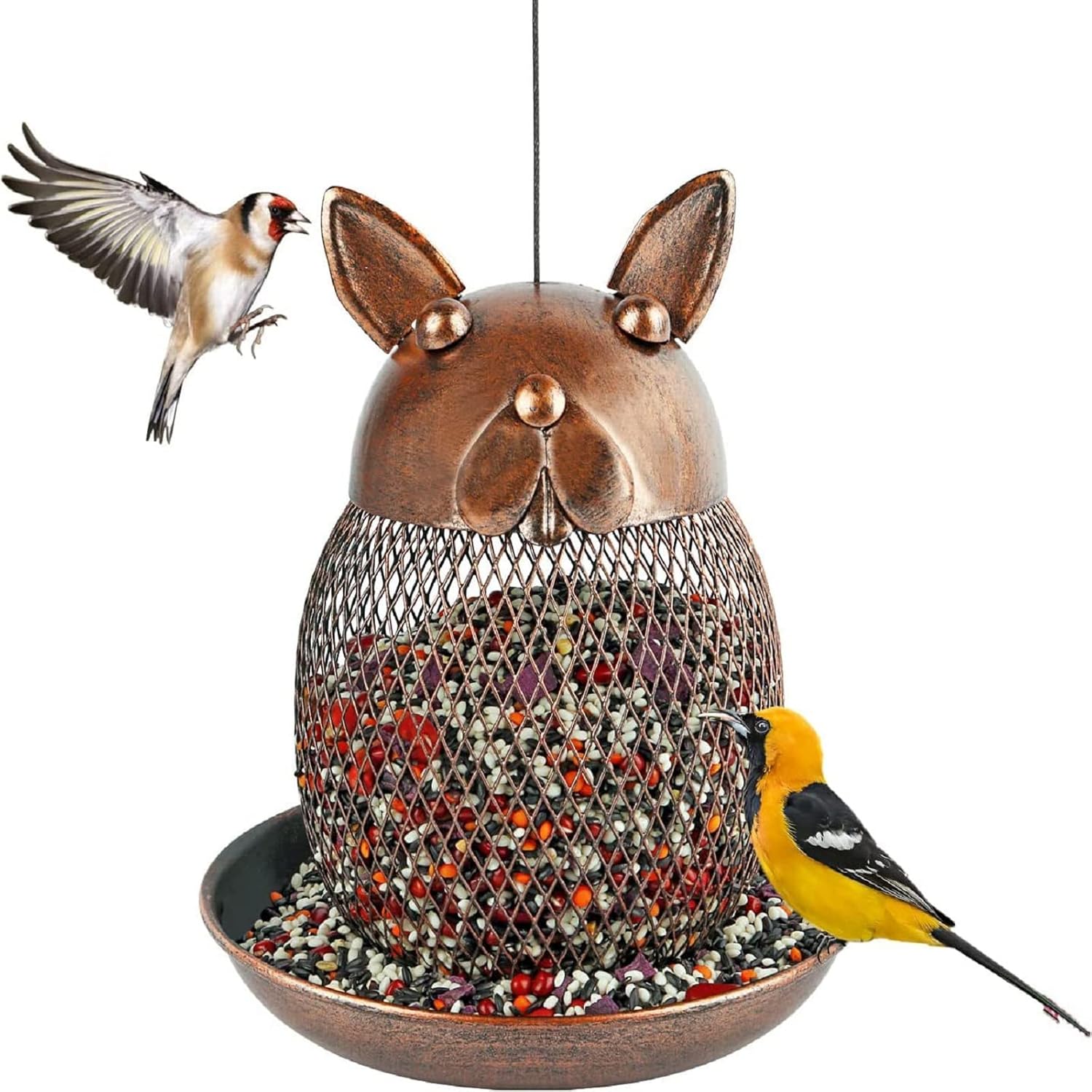 Bird Feeder, Wild Bird Feeder for Outdoors Hanging, Heavy Duty Metal Bird Feeder for Outside, Squirrel Proof Bird Feeders with Cute Rabbit Cover for Garden Yard Outdoor Decoration