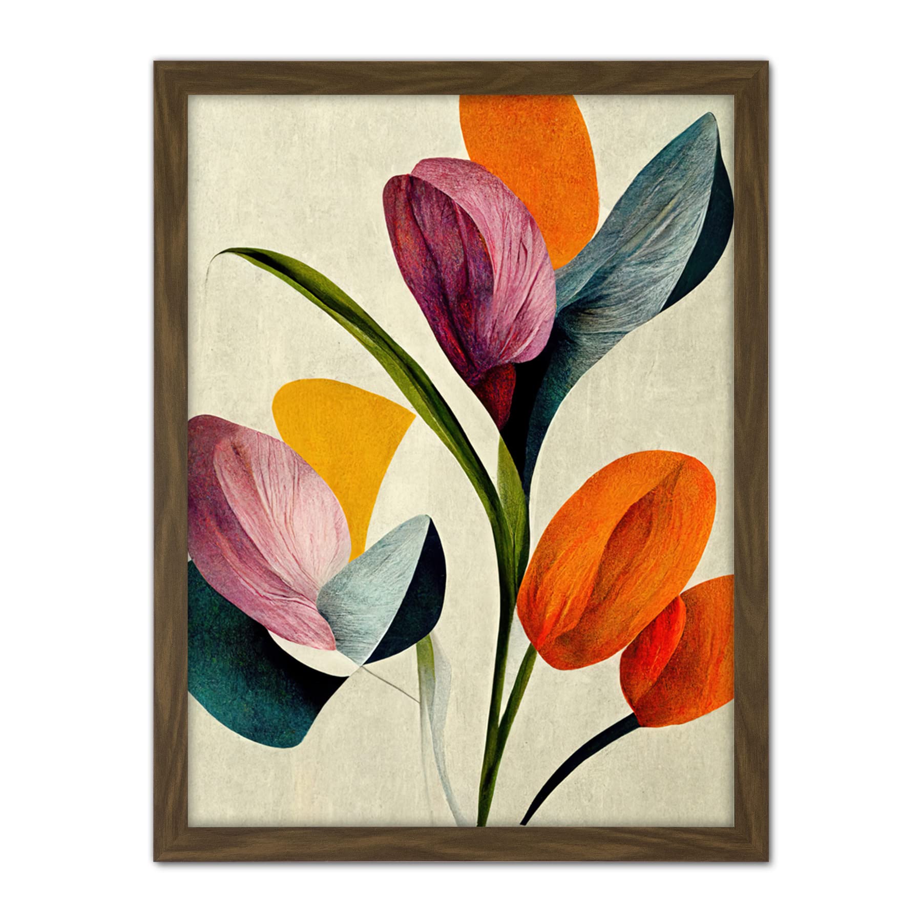 Wee Blue Coo Spring Flowers Floral Bouquet Bold Abstract Boho Coral Mustard Artwork Framed Wall Art Print 18X24 Inch