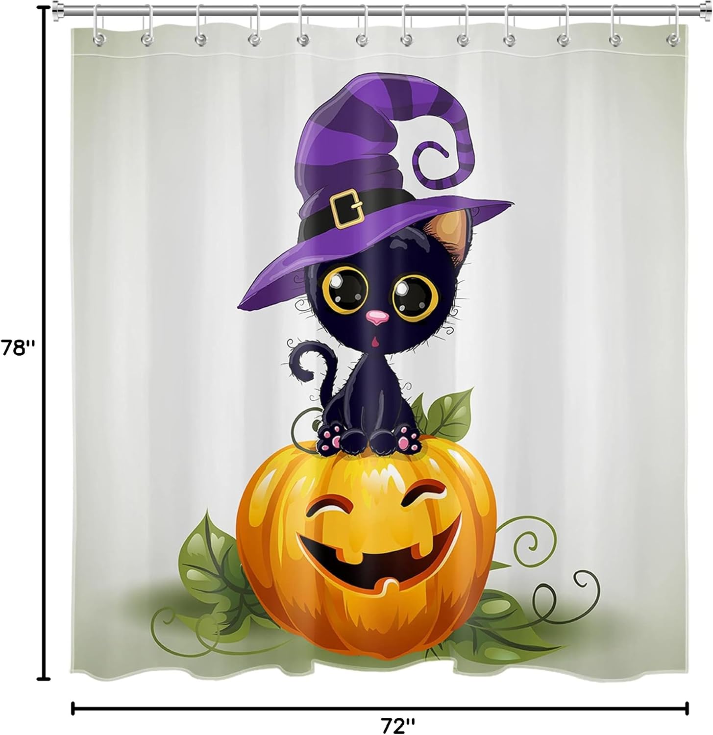 LB Halloween Pumpkin Shower Curtain Decor, Fall Pumpkin Catoon Animal Funny Cat With Witch Purple Magic Hat Shower Curtains 72X79 inch Polyester Fabric Bathroom Decoration Bath Curtains Hooks Included