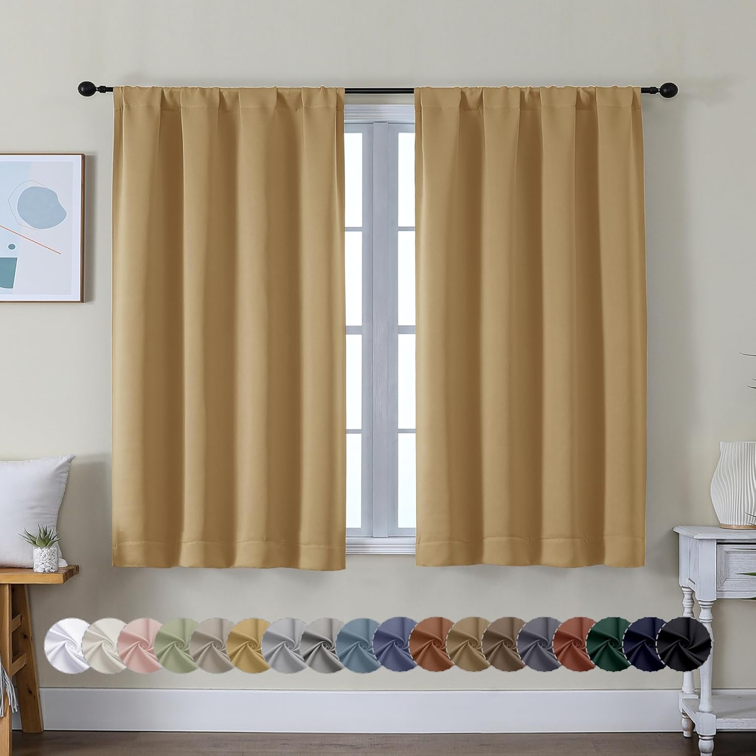 Simplebrand Ava Gold Short Blackout Curtain for Bedroom 45 Inches Long, Solid Thermal Insulated, Energy Saving Window Treatment Curtains Blackout Drapes, W40 x L45 Inch, Gold Gold 40"W x 45"L