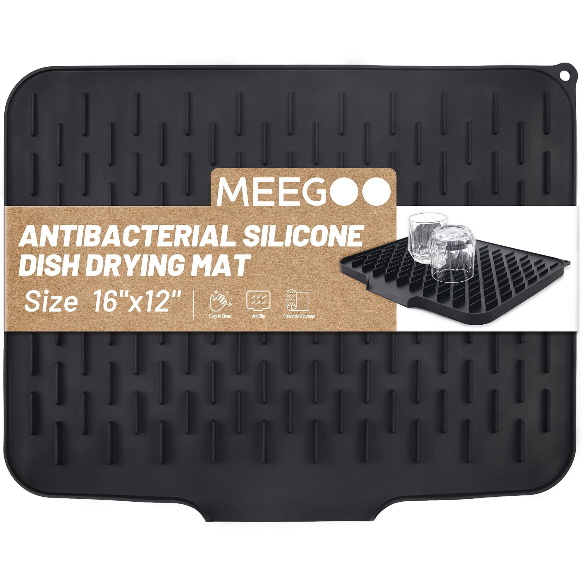 Silicone Dish Drying Mat for Kitchen Counter, Dish Drying Pad, Non-Slip Drain Pad with Built-in Drain, Easy clean,Eco-friendly,Heat-resistant Silicone Mat (Black, 16''*12'')