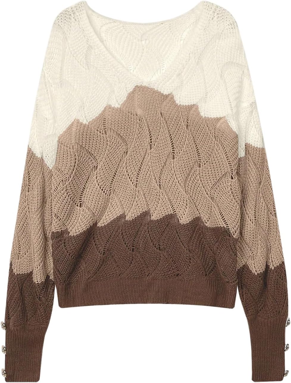 Women's Color Block Chunky Sweaters Crochet Knit V Neck Knitted Cozy Sweater Pullover