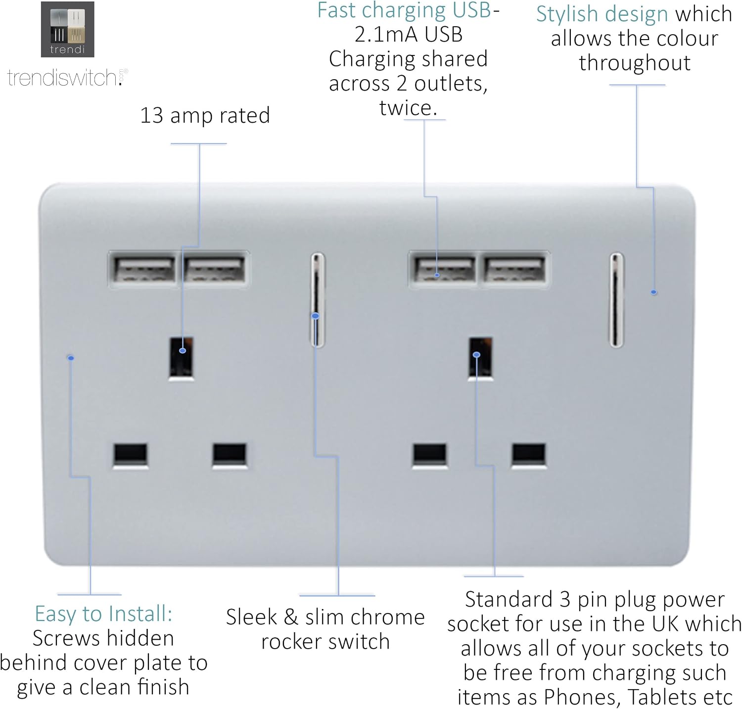 Trendi Switch Modern Glossy Switches/Sockets Bedroom Trade/Multi Buy Pack Silver