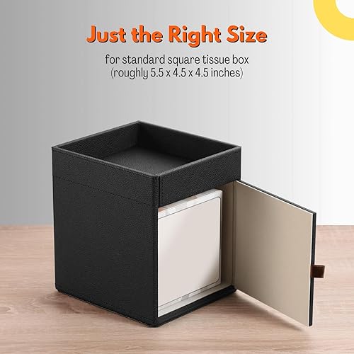 Miniatura 4 de LAMOTI Funda de cuero para caja de pañuelos con bandeja de almacenamiento, soporte cuadrado para caja de pañuelos faciales para baño, mesa de
