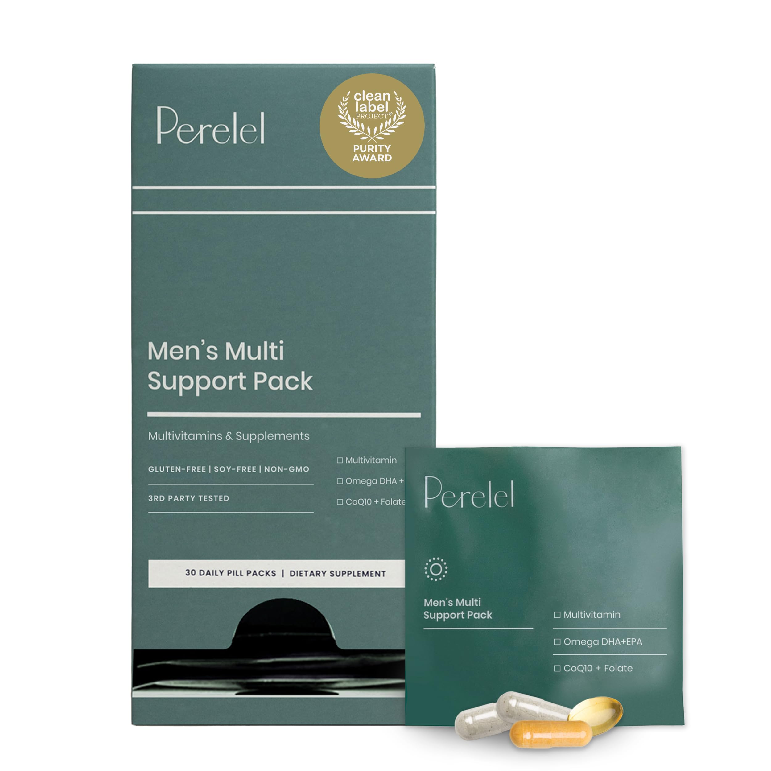 PerelelMen’s Multi Support Pack, Daily Multivitamin with Magnesium, Omega 3, CoQ10 & Folate, Nutritional Support for Men’s Wellness, Soy & Gluten Free, Non GMO, 30 Daily Pill Packs
