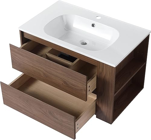 Miniatura 9 de Pvillez Juego de tocador de baño de 30 pulgadas con lavabo, montado en la pared con lavabo de gel blanco brillante y estante abierto ajustable,