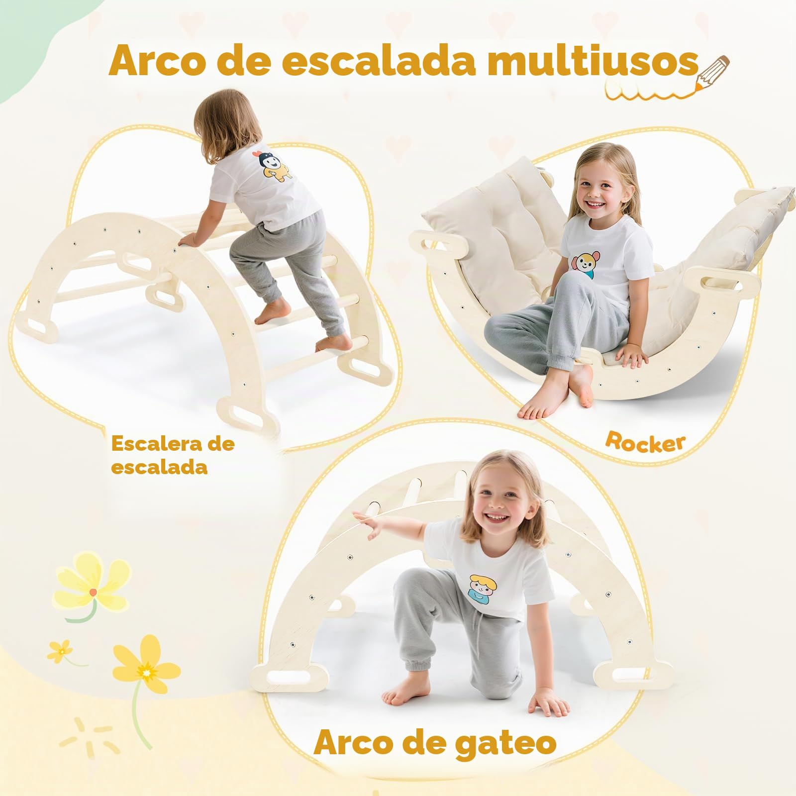 2 en 1 Arco de escalada con reposabrazos, Escalada niños de madera con cojín, madera natural, alfombrilla para los pies antideslizante, refuerzos de soportes, Arco Montessori para bebe 1-6 años