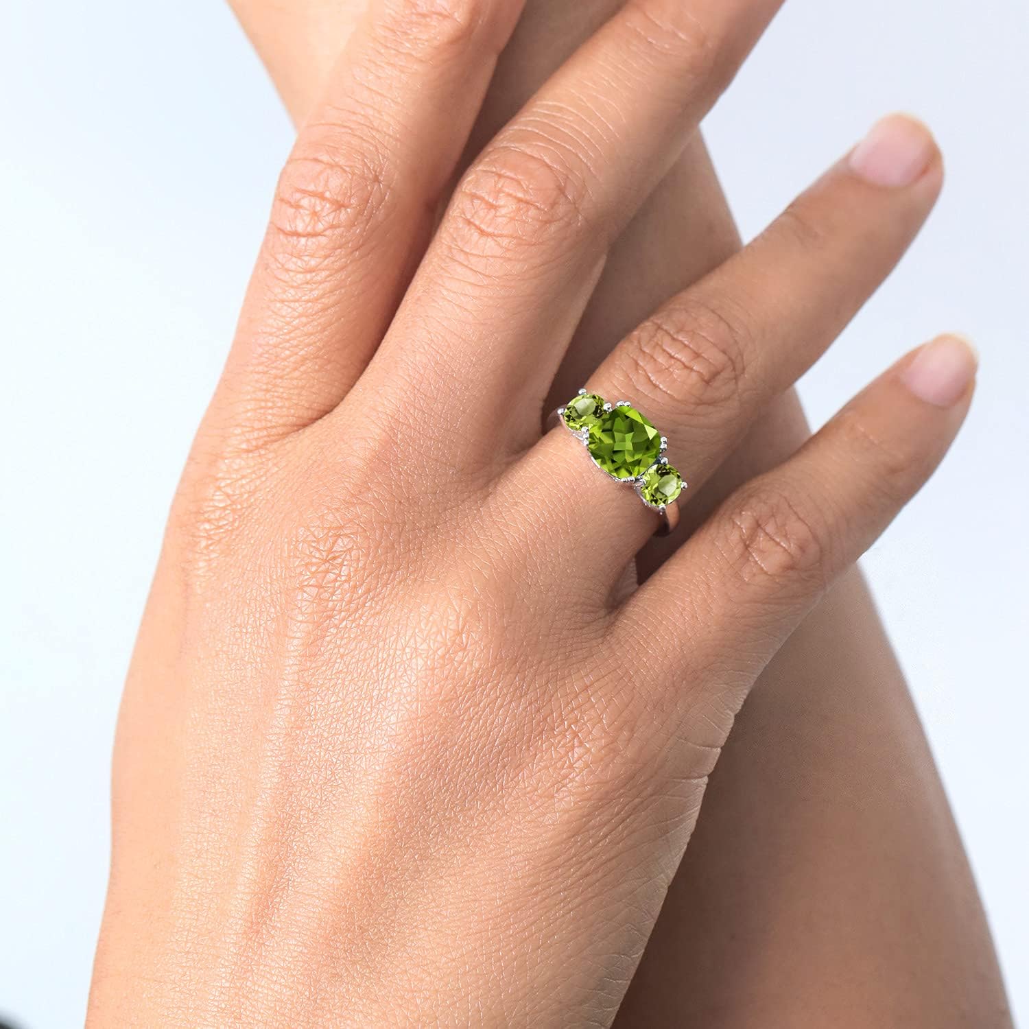 Gem Stone King 3.45 Cttw Green Peridot 3-Stone Engagement Ring For Women | 925 Sterling Silver | Gemstone August Birthstone | Cushion 8MM | 3 Stone Wedding Anniversary Promise Ring