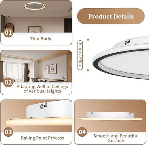 Miniatura 6 de GNJINX Lámpara de techo LED regulable de montaje empotrado con control remoto de 20 pulgadas, 45 W, 3000 K-6500 K, temperatura de color ajustable,