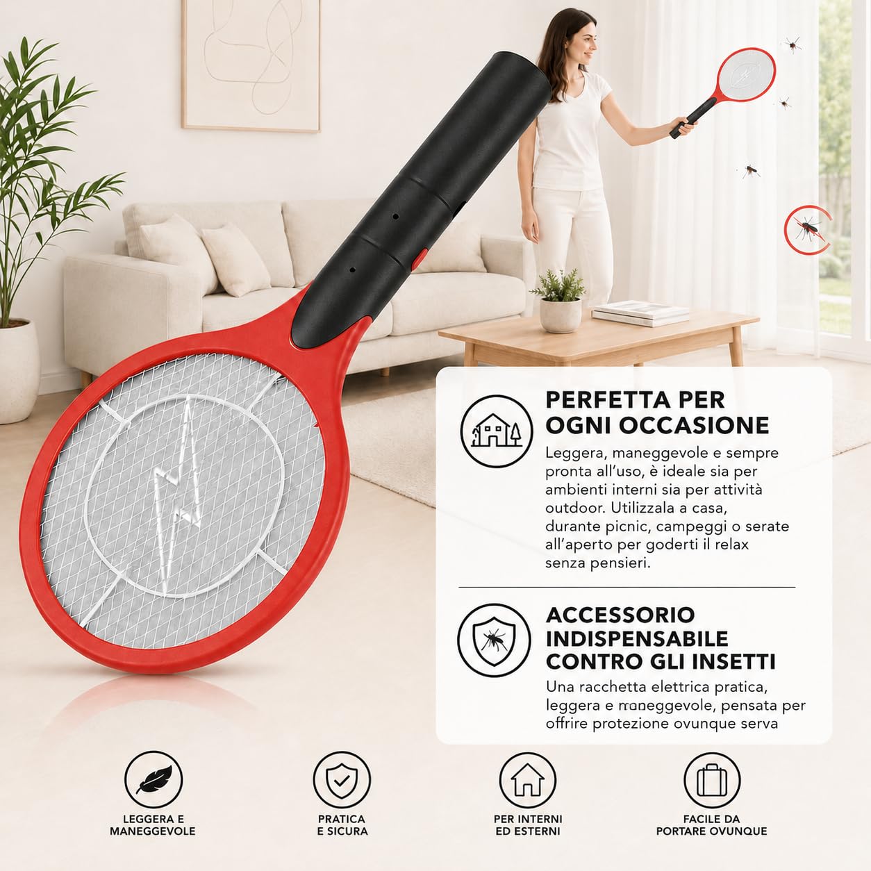 IPEA Elektryczna rakieta na komary duża - 21 cm x 52 cm - SUPER LEKKA - Ładowanie z wtyczką ścienną - rakieta błyskawica muchy i latające owady do domu, ogrodu, na kemping - przenośny