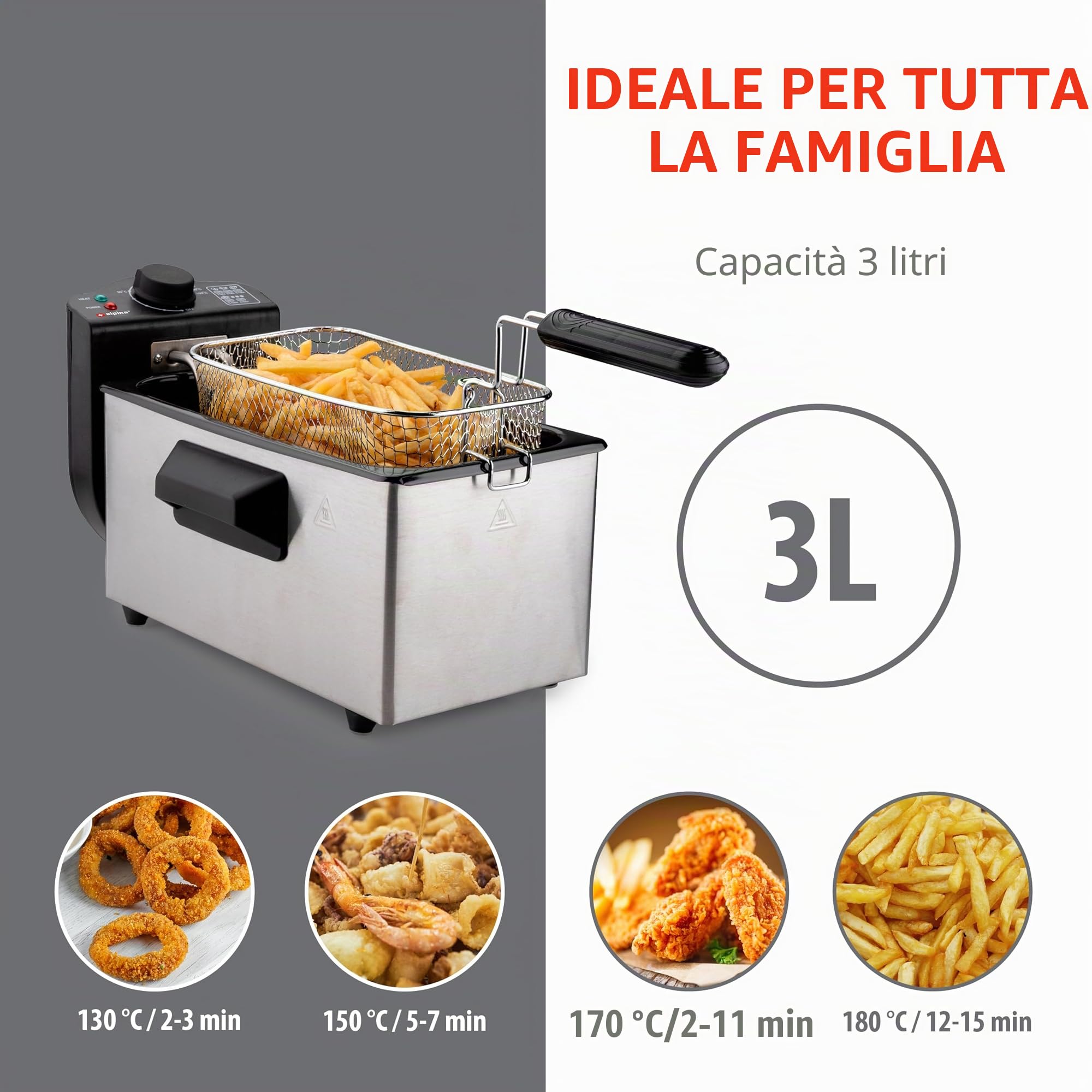 alpina Friggitrice - Friggitrice - 3 Litri - 2000 Watt - Acciaio inossidabile - Con Pulsante Termostato