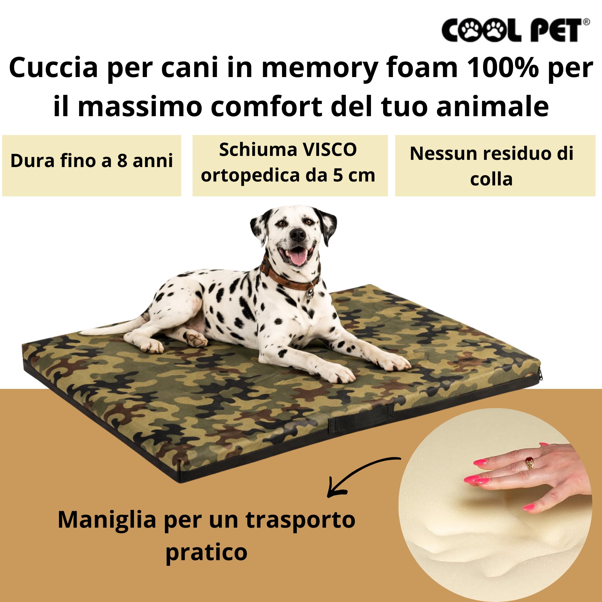 COOL PET Materasso per cani, spessore 5 cm, in schiuma fredda ortopedica (Memory Foam), tessuto Oxford 600D, con rivestimento in PVC, dimensioni 4XL-120 x 80 cm, mimetico 1