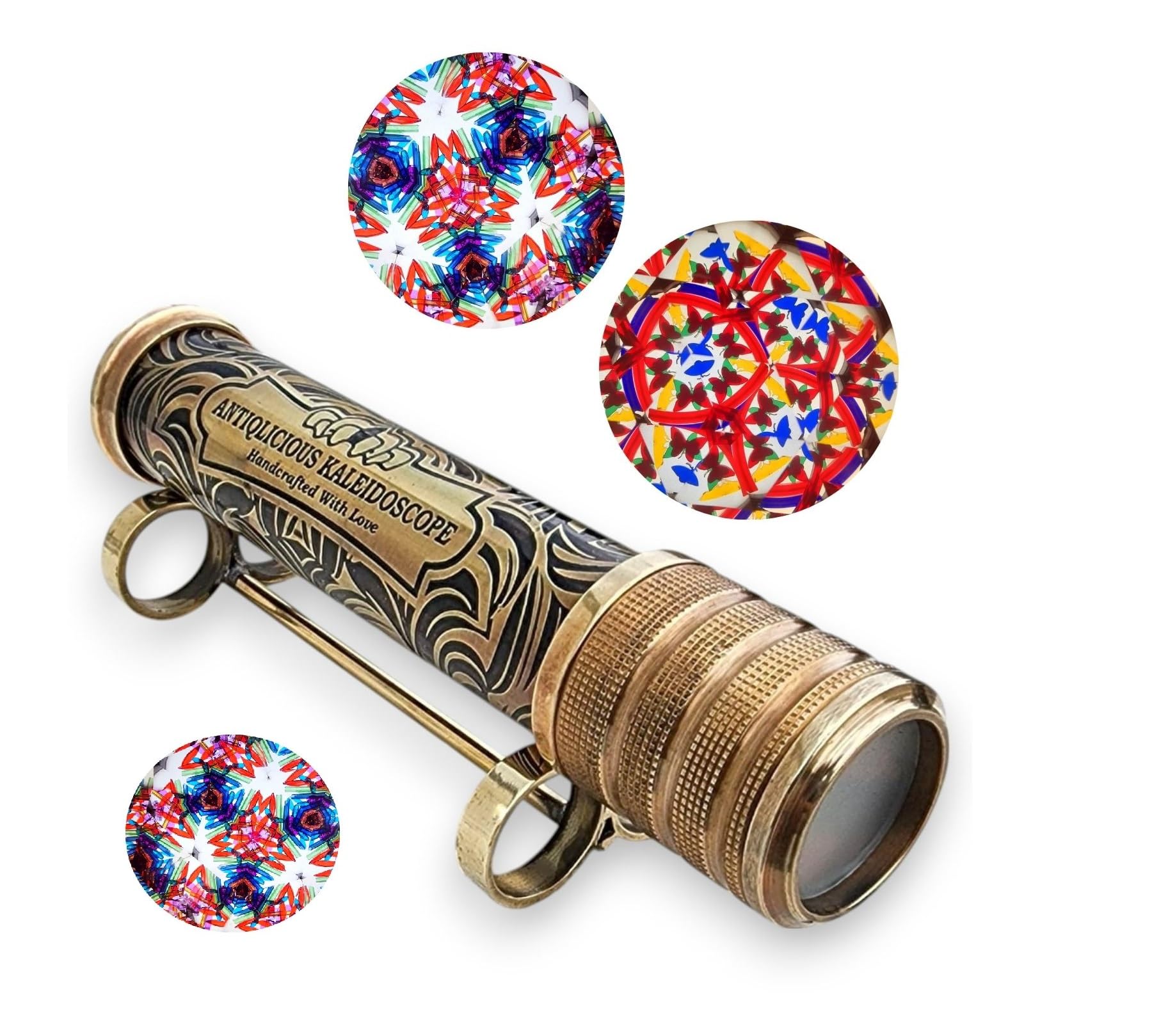 Kaléidoscope en laiton de style vintage avec surface gravée complexe et support en laiton robuste, motifs optiques vibrants