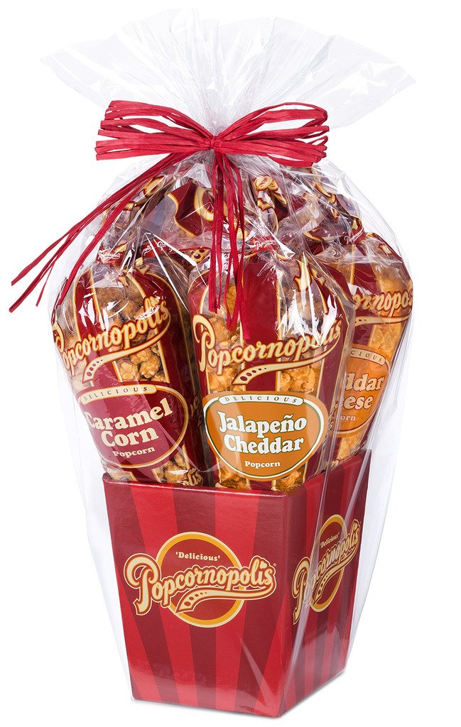 Popcornopolis Gourmet Popcorn 5 cone Gift Basket - Classic Including Caramel, Cheddar Cheese, White Cheddar, Jalapeno Cheddar and Kettle Corn