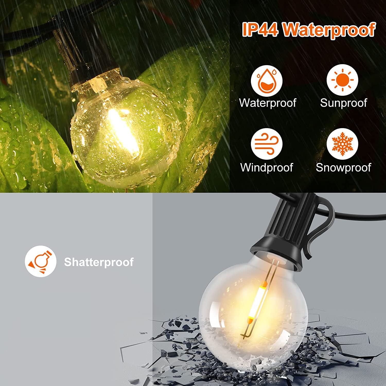 Catena Luminosa Esterno con Telecomando - 45M / 150FT Dimmerabile Luci da Esterno con 60+2 G40 LED Lampadine Impermeabile, 4 Modalità e Temporizzazione Funzione per Giardino Festa Matrimonio Cortile
