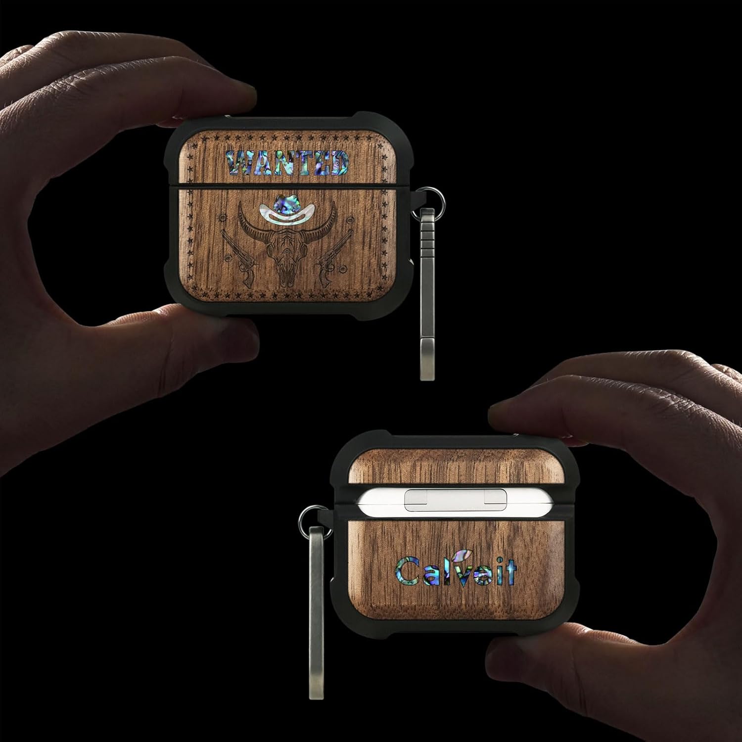 Carveit Wooden Case for AirPods Pro 2nd/1st Gen Case, Wood Artistic Engraved & Handmade Shell Inlay, TPU Shockproof Cover, Titanium Quick Released Clasp (Western Wanted Poster) Walnut