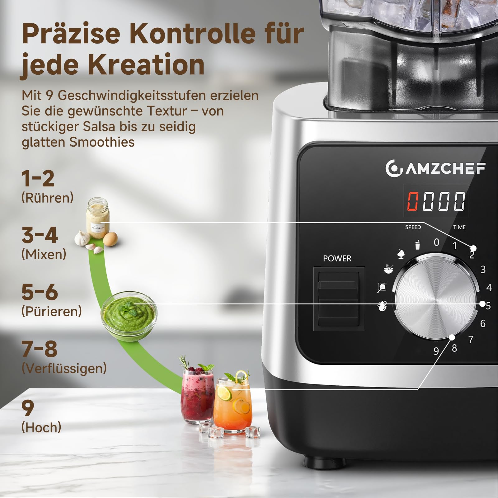 AMZCHEF Hochleistungs-Standmixer 1800 Watt, 2 L Tritan-Behälter (BPA-FREI) | Mixer für Smoothies, Hacken von Gemüse & Mixen von Frozen Drinks, 5 Automatikprogramme, 9 Geschwindigkeiten & Pulse-Funktion