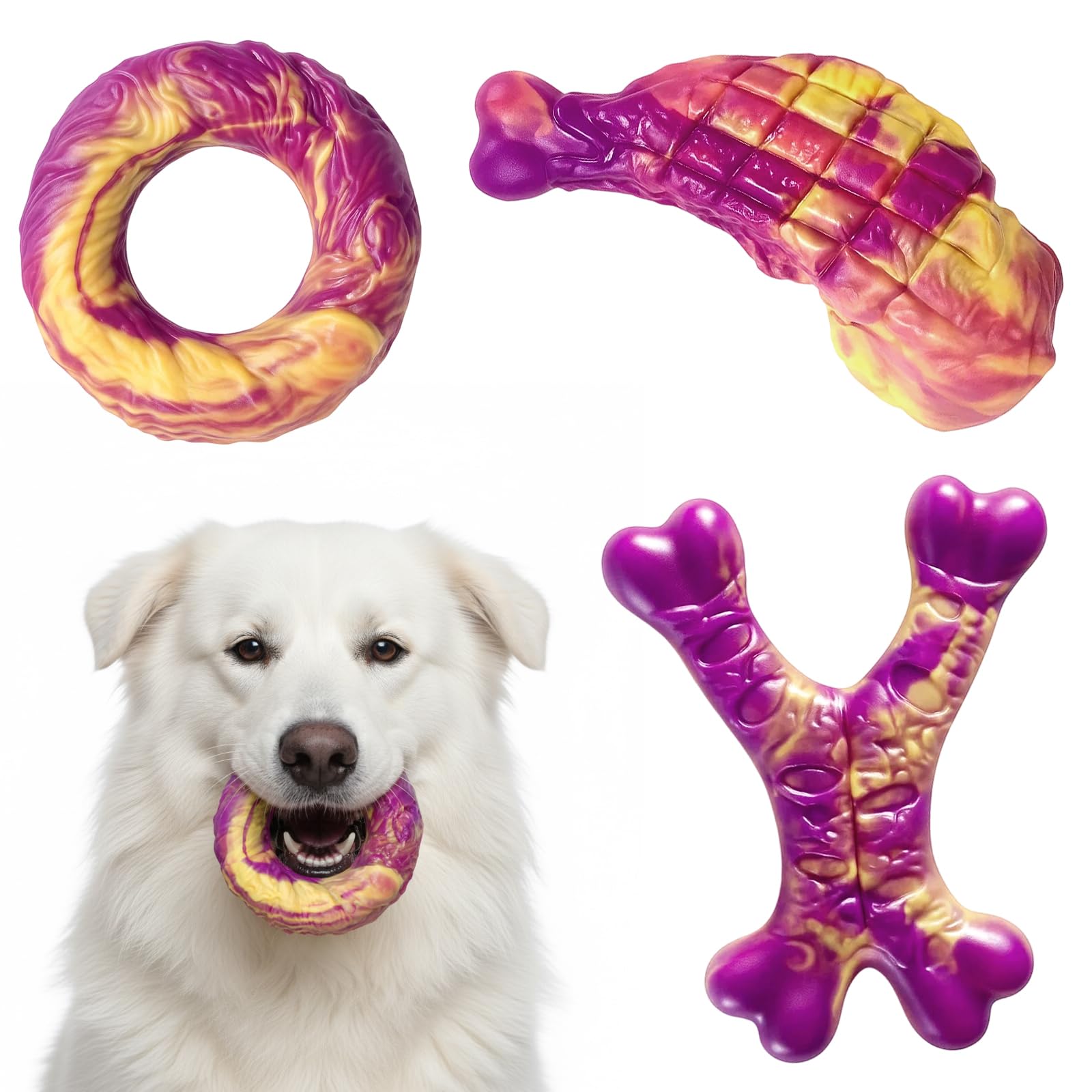 QhgPnt Indestructible Dog Toys, 3 Pack Nylon Tough Dog Chew Toys for Boredom, Large Dog Toys, Indestructible, Benebone Dog Chew